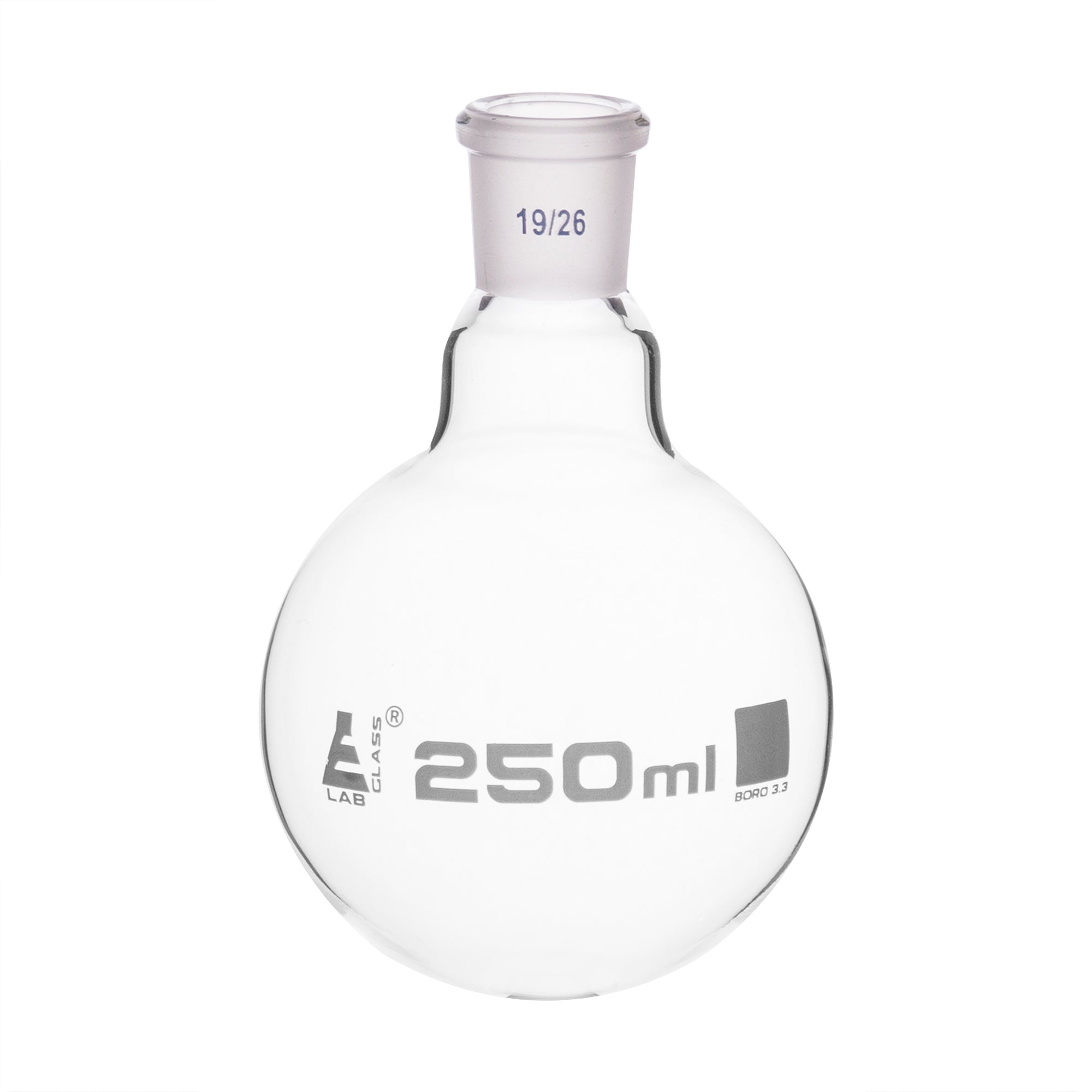 Flask Boiling with joint 250ml, socket size 19/26, round bottom, interchangeable joint, single neck, borosilicate glass - eiscoindustrial