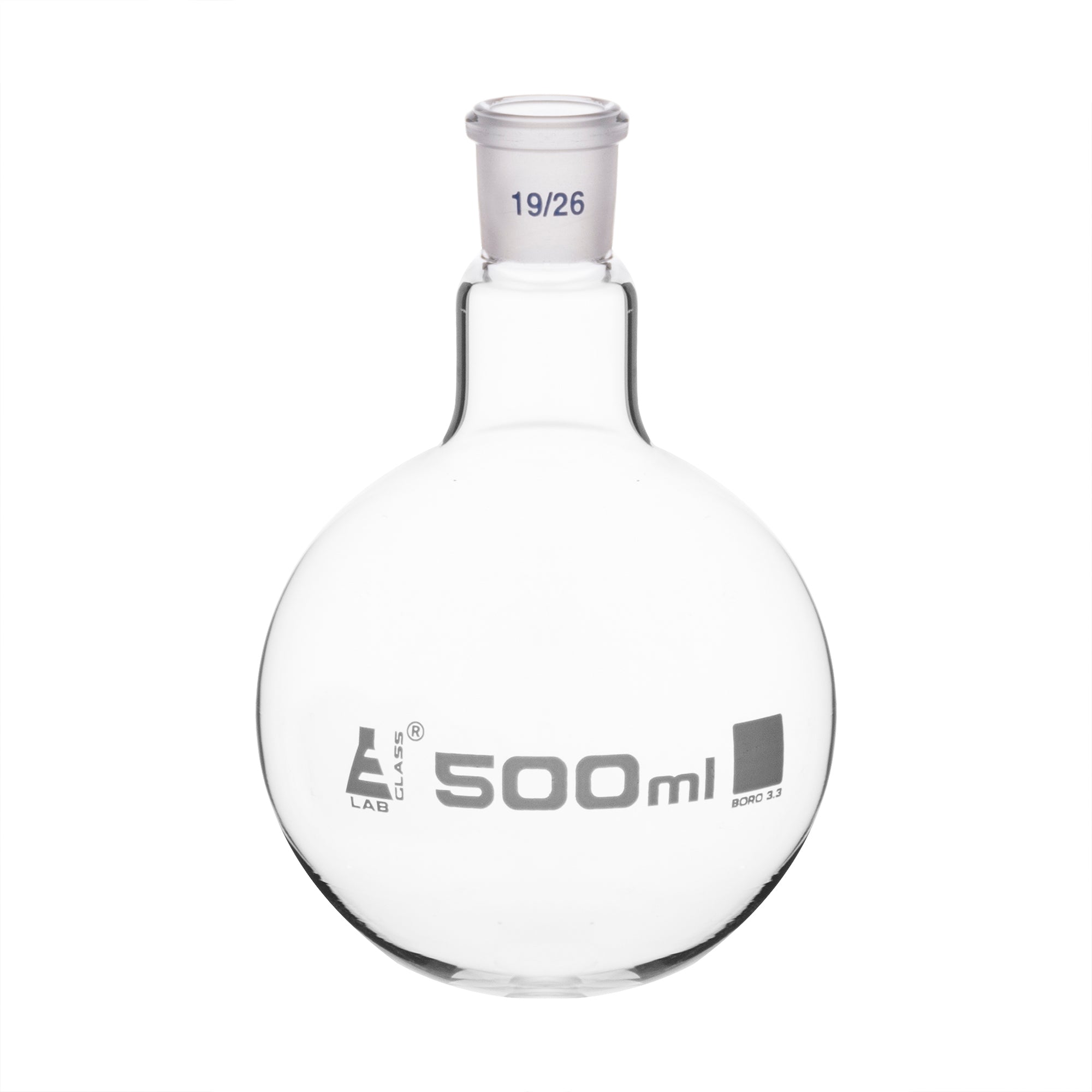 Flask Boiling with joint 500ml, socket size 19/26, round bottom, interchangeable joint, single neck, borosilicate glass - eiscoindustrial