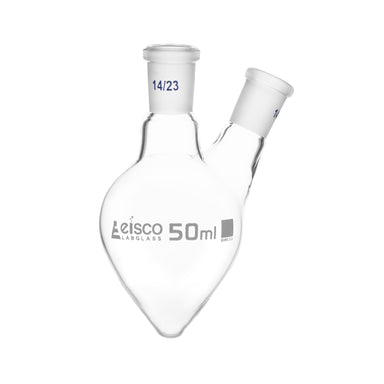 Flask Boiling - Pear Shape, two neck with joint 50ml, with side socket size 14/23 & center size 14/23, borosilicate glass - eiscoindustrial