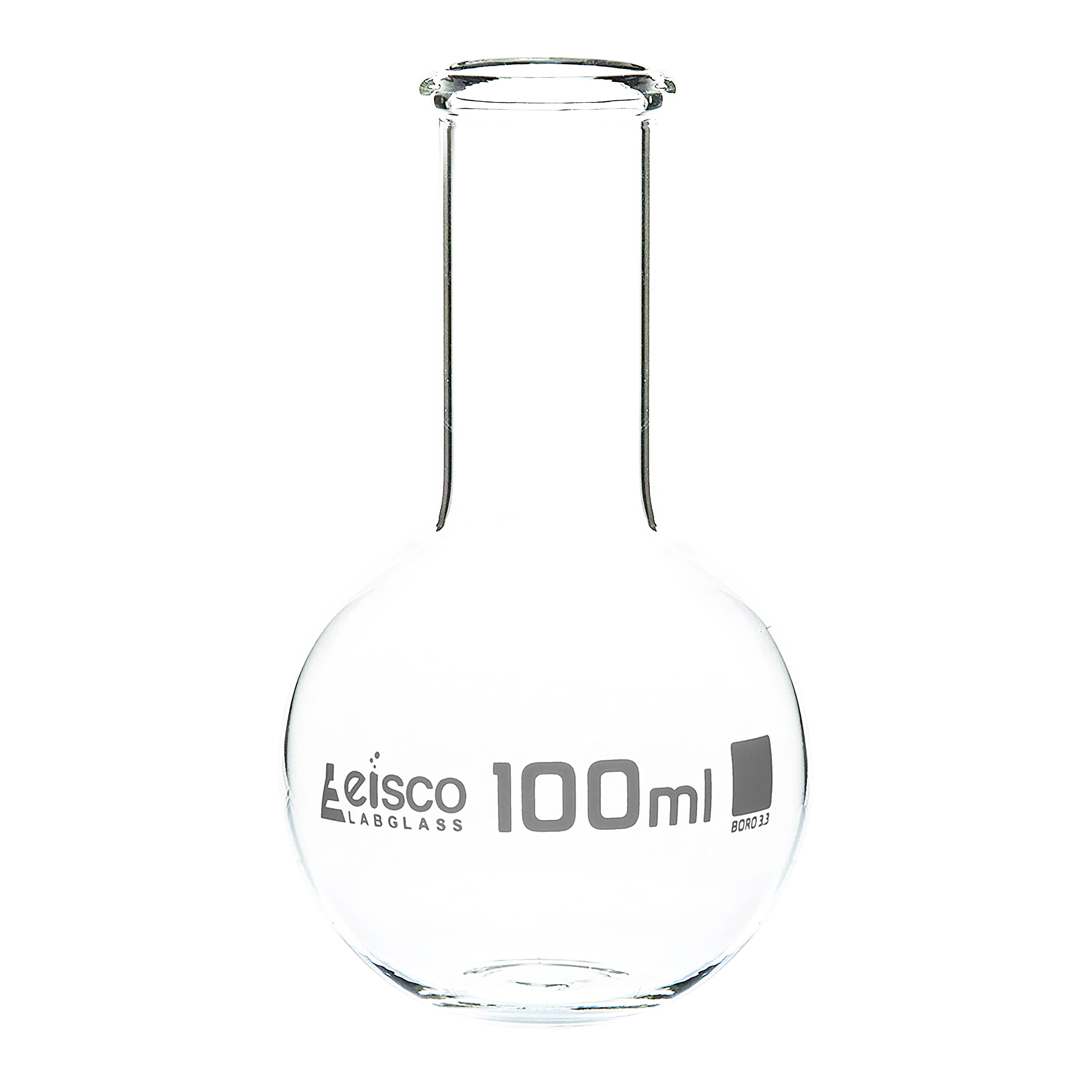 Flask Boiling - Florence, flat bottom, narrow neck with beaded rim 100ml, borosilicate glass - eiscoindustrial