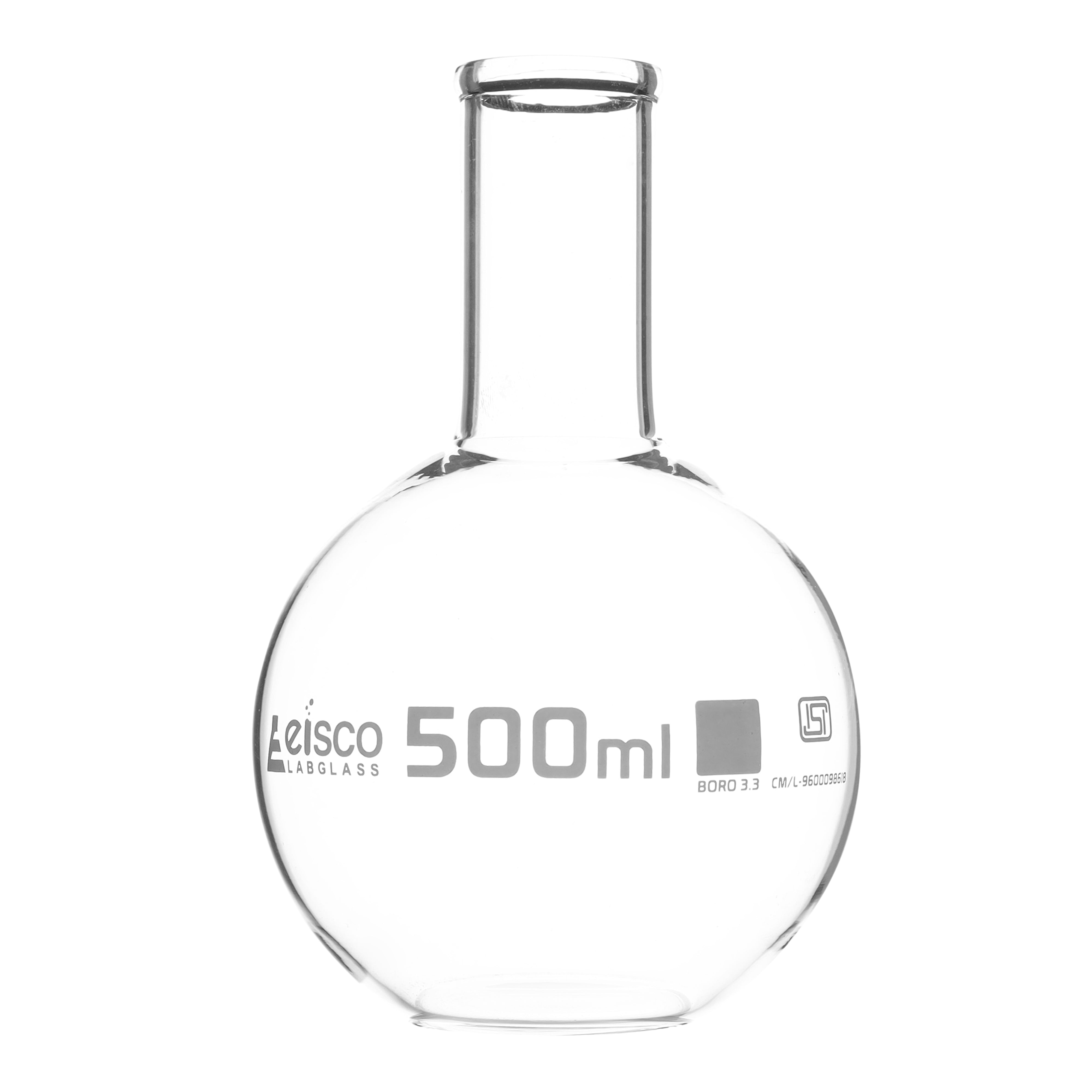 Flask Boiling - Florence, flat bottom, narrow neck with beaded rim 500ml, borosilicate glass ISI