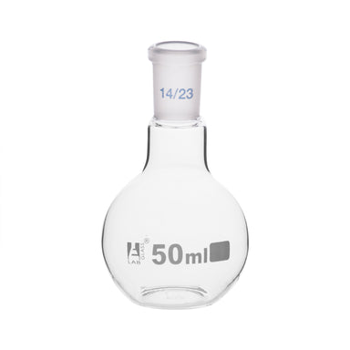 Flask Boiling with joint, flat bottom, short neck, interchangeable joint 50ml, socket size 14/23, borosilicate glass - eiscoindustrial