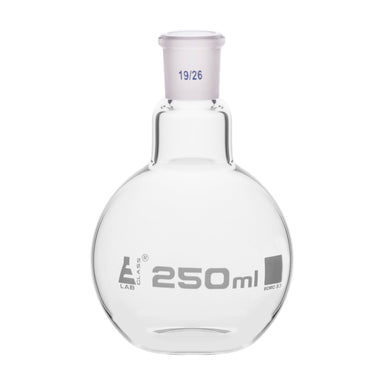 Flask Boiling with joint, flat bottom, short neck, interchangeable joint 250ml, socket size 14/23, borosilicate glass - eiscoindustrial