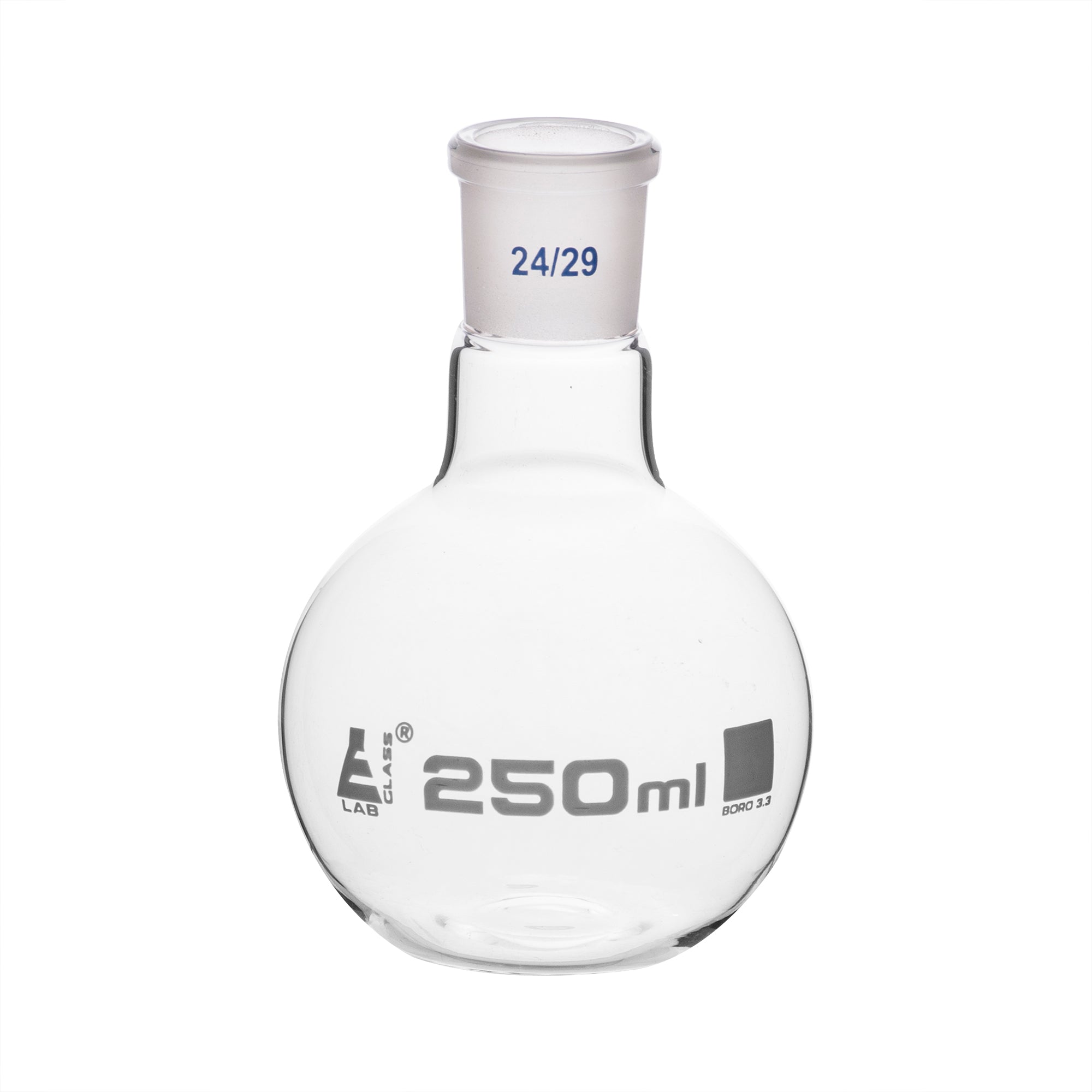 Flask Boiling with joint, flat bottom, short neck, interchangeable joint 250ml, socket size 24/29, borosilicate glass - eiscoindustrial