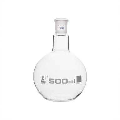 Flask Boiling with joint, flat bottom, short neck, interchangeable joint 500ml, socket size 14/26, borosilicate glass - eiscoindustrial