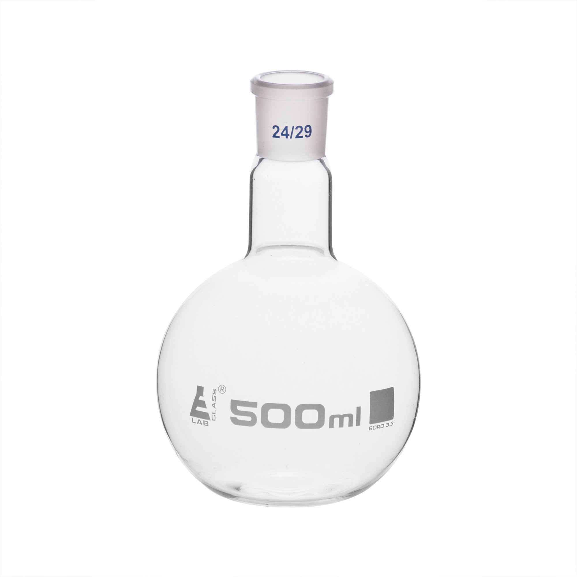 Flask Boiling with joint, flat bottom, short neck, interchangeable joint 500ml, socket size 24/29, borosilicate glass - eiscoindustrial