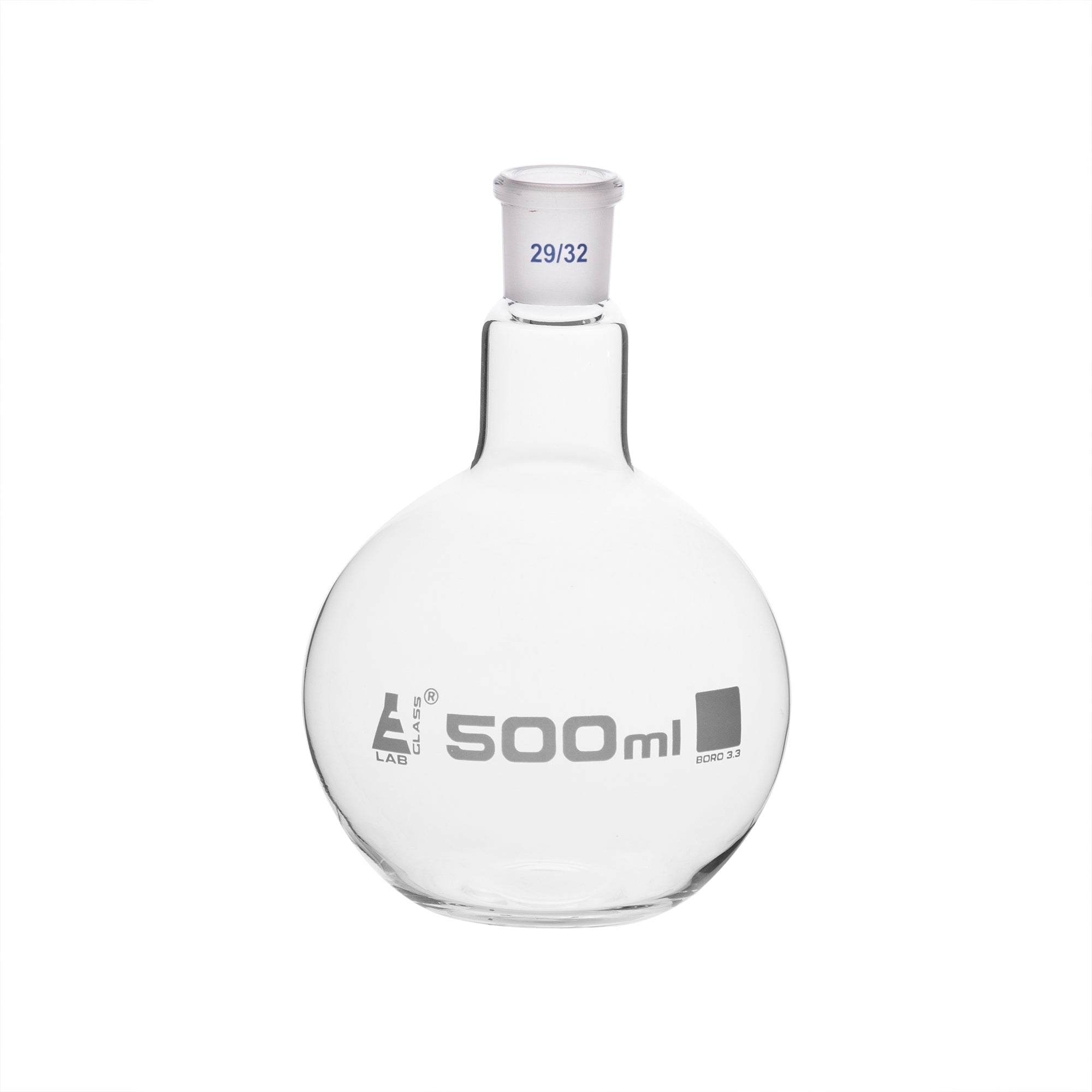 Flask Boiling with joint, flat bottom, short neck, interchangeable joint 500ml, socket size 29/32, borosilicate glass - eiscoindustrial