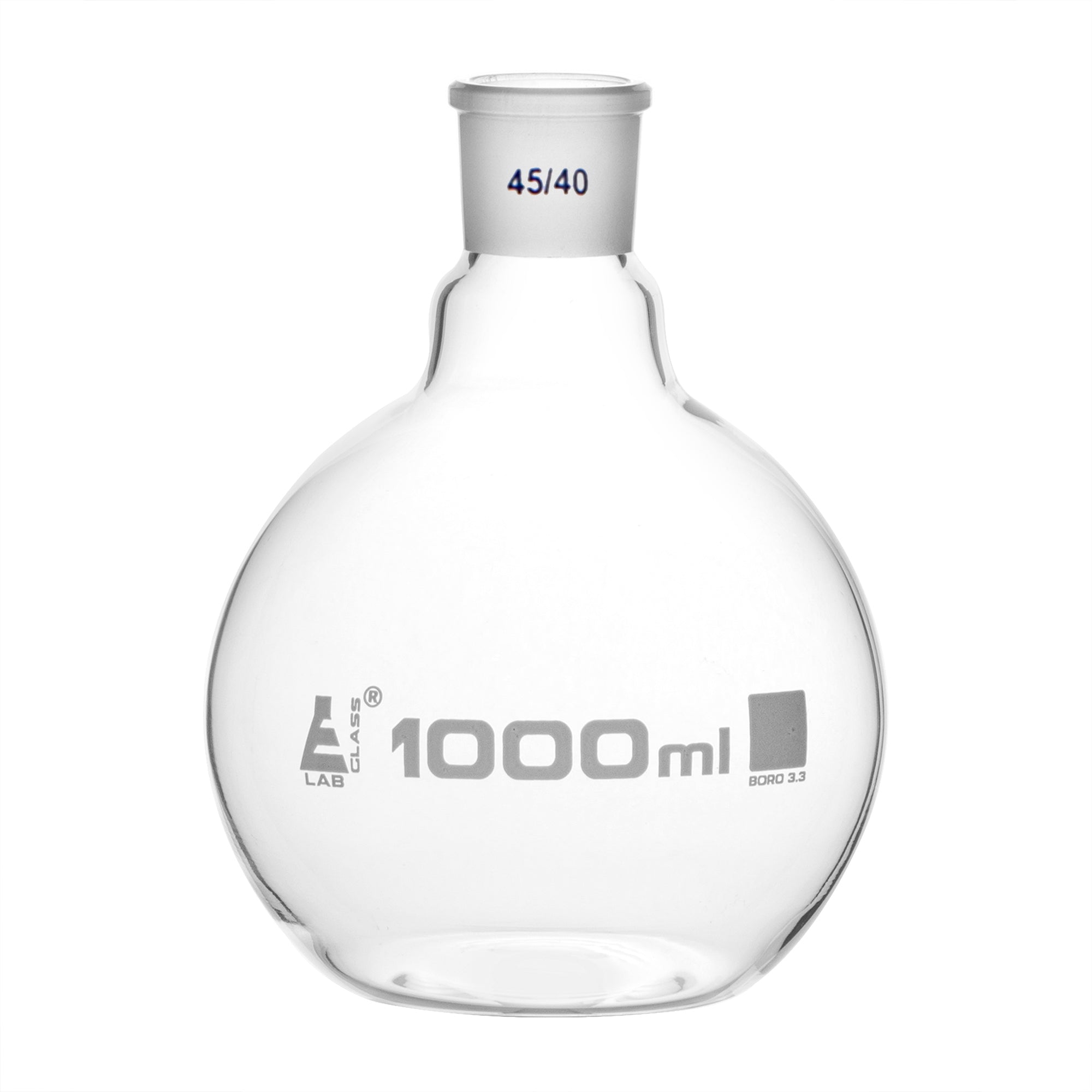 Flask Boiling with joint, flat bottom, short neck, interchangeable joint 1000ml, socket size 45/50, borosilicate glass - eiscoindustrial