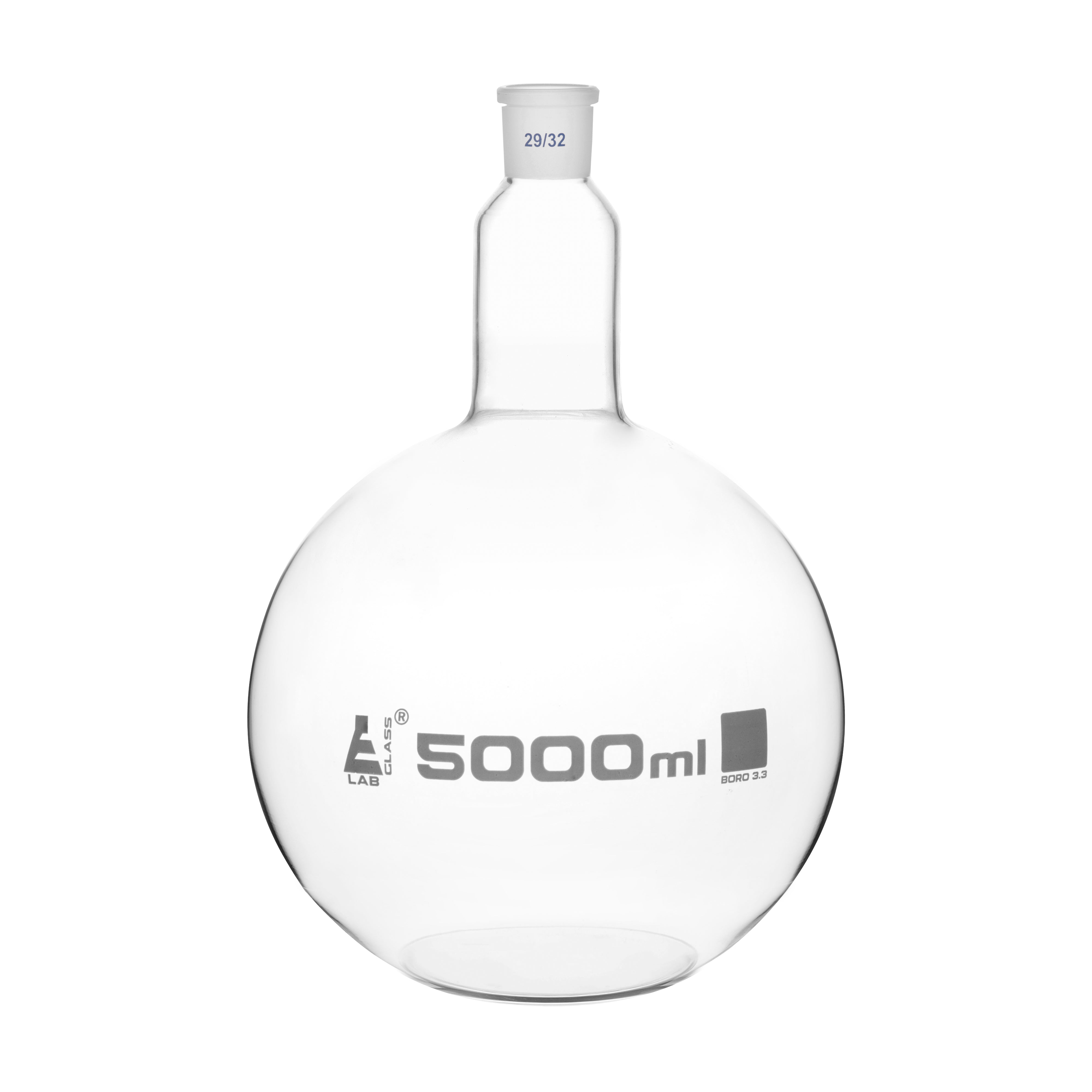 Flask Boiling with joint, flat bottom, short neck, interchangeable joint 5000ml, socket size 29/32, borosilicate glass - eiscoindustrial