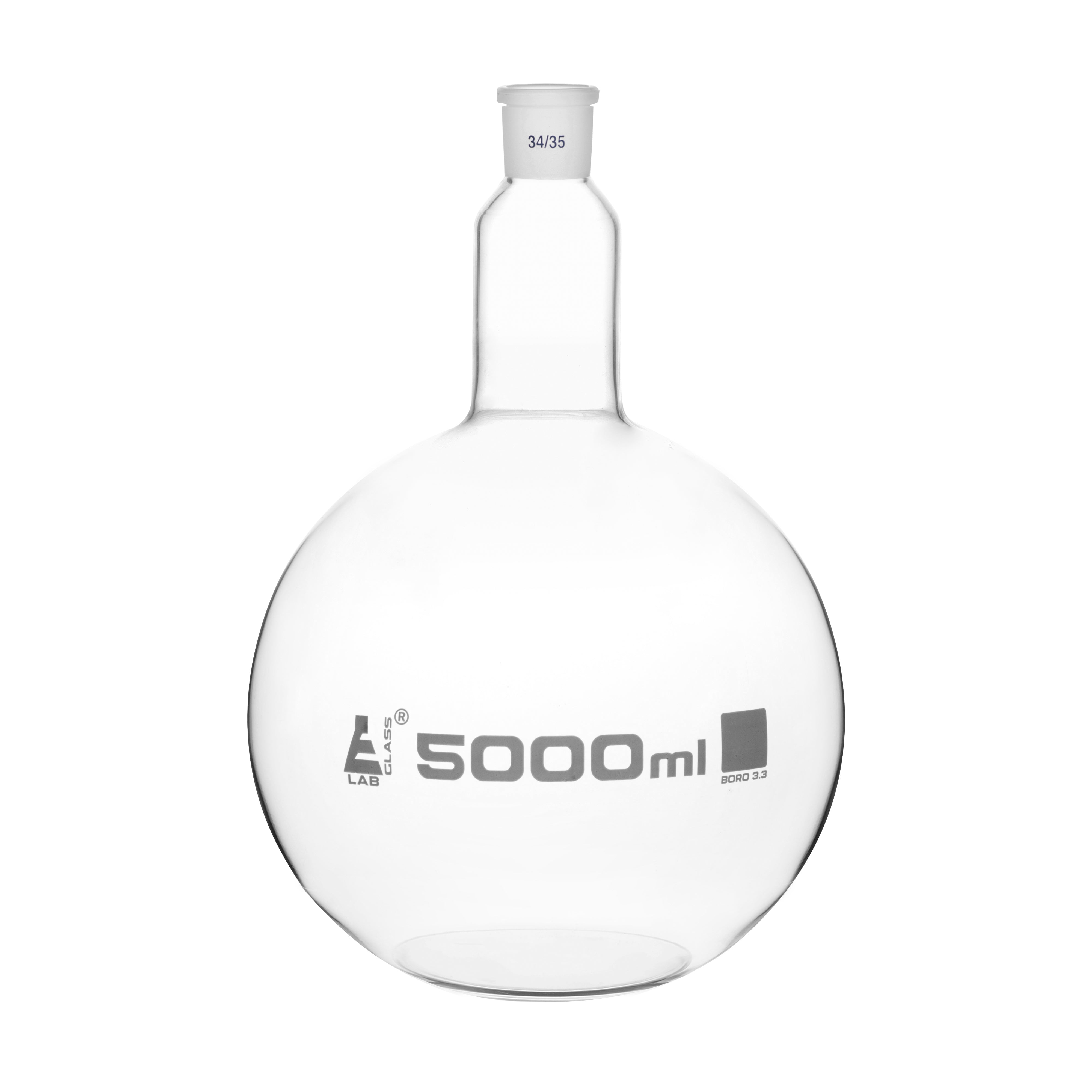 Flask Boiling with joint, flat bottom, short neck, interchangeable joint 5000ml, socket size 34/35, borosilicate glass - eiscoindustrial