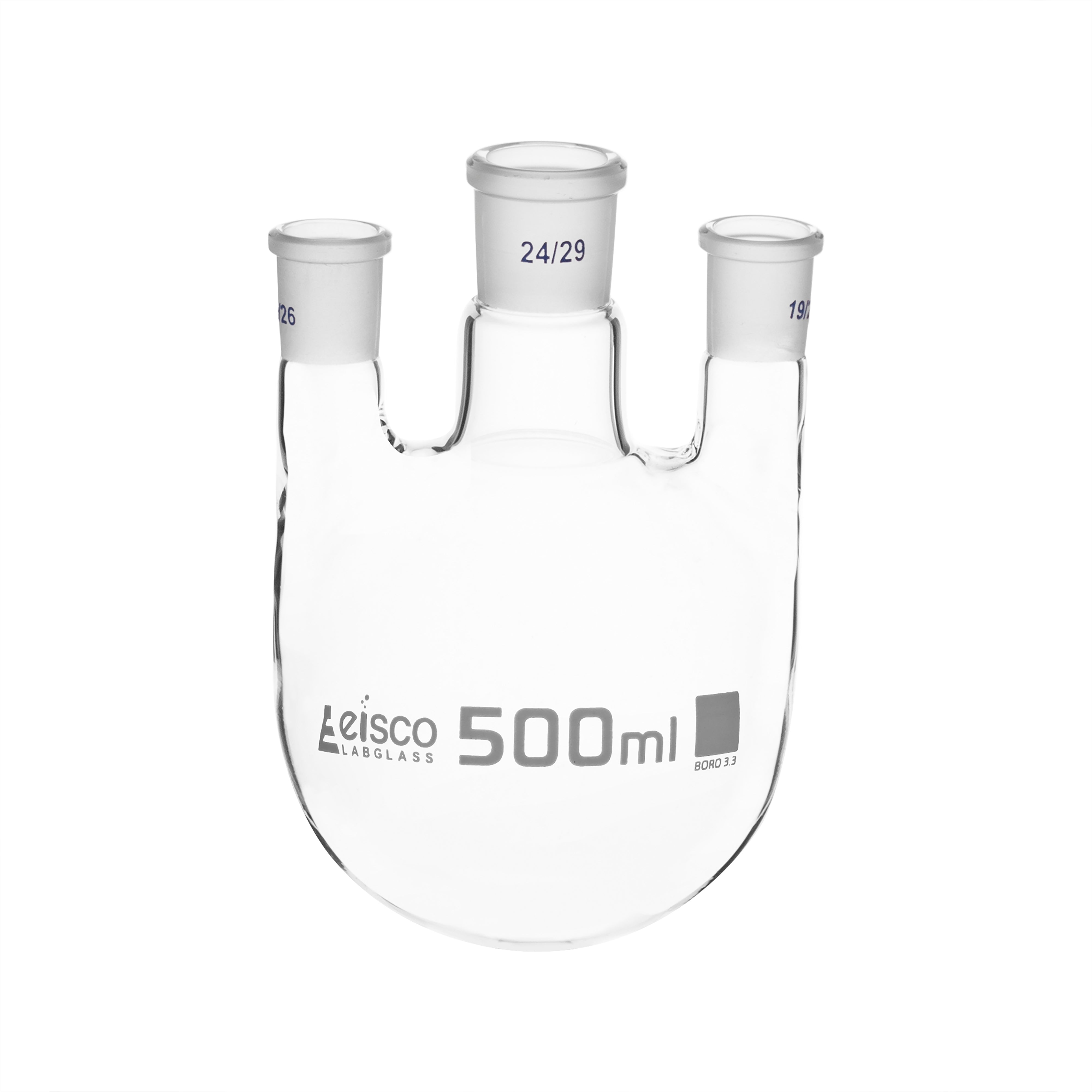 Flask Distilling round bottom, cap. 500ml, borosilicate glass, three neck parallel, centre socket 24/29, side socket 19/26 - eiscoindustrial