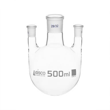 Flask Distilling round bottom, cap. 500ml, borosilicate glass, three neck parallel, centre socket 29/32, side socket 14/23 - eiscoindustrial