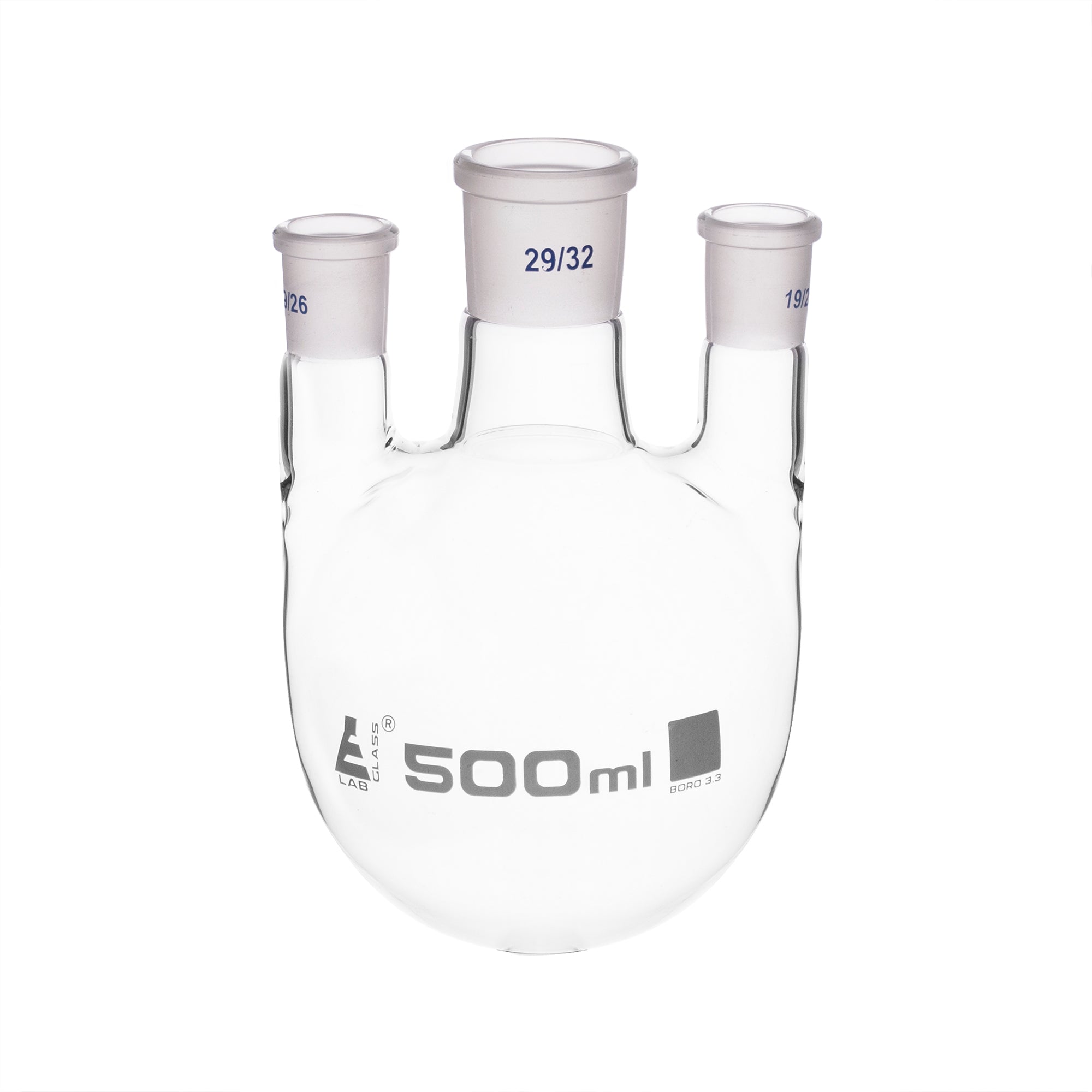 Flask Distilling round bottom, cap. 500ml, borosilicate glass, three neck parallel, centre socket 29/32, side socket 19/26 - eiscoindustrial