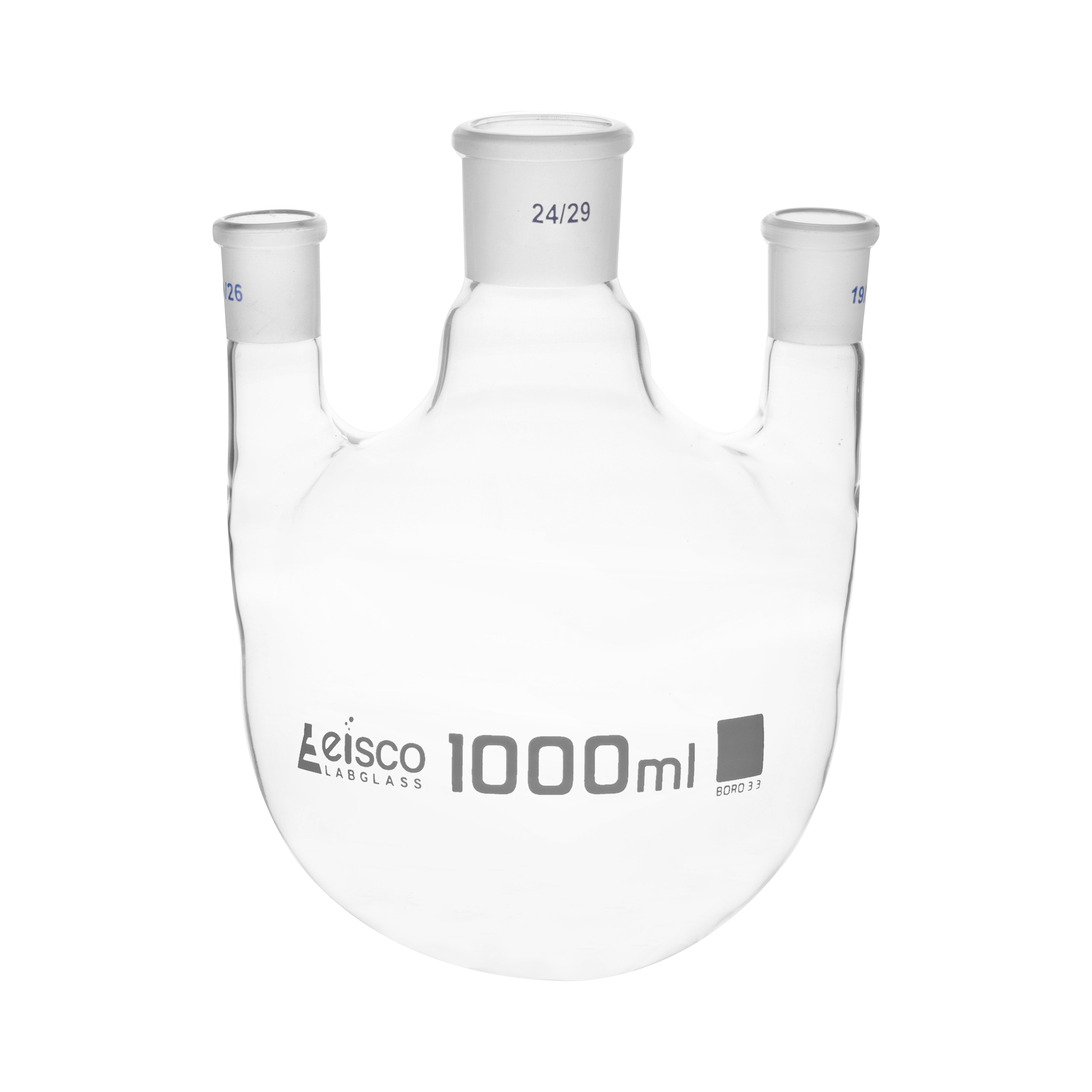 Flask Distilling round bottom, cap. 1000ml, borosilicate glass, three neck parallel, centre socket 24/29, side socket 19/26 - eiscoindustrial