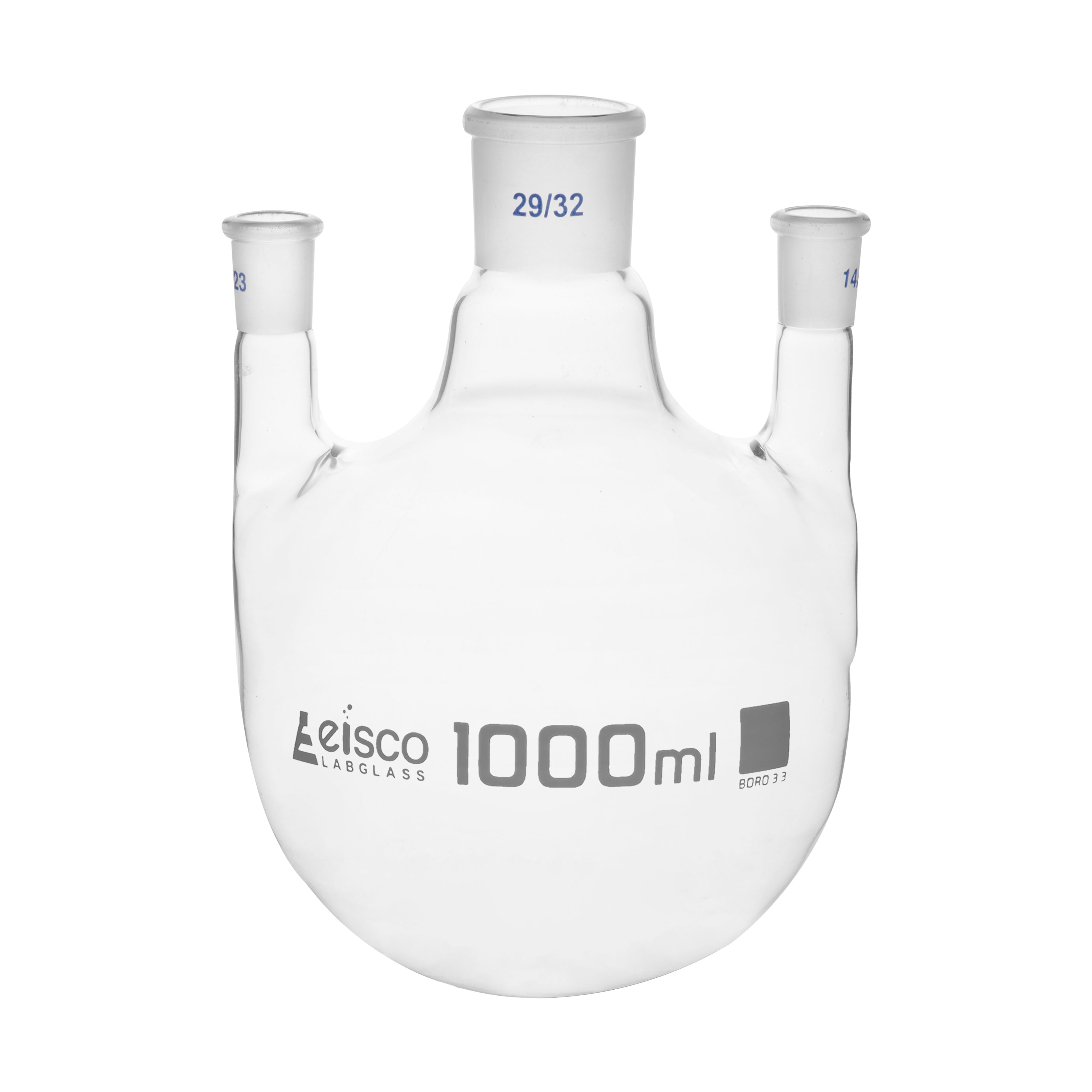 Flask Distilling round bottom, cap. 1000ml, borosilicate glass, three neck parallel, centre socket 29/32, side socket 14/23 - eiscoindustrial