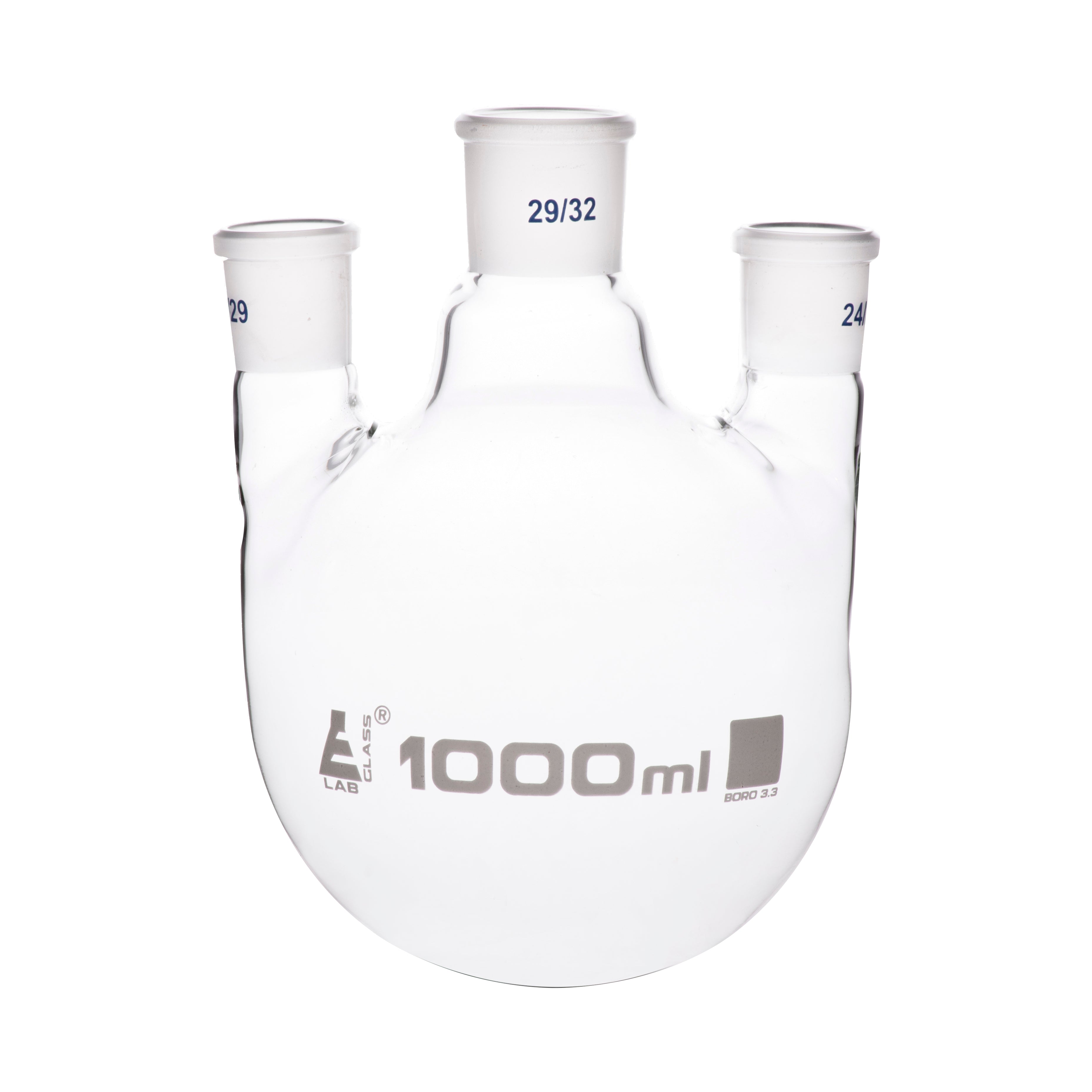 Flask Distilling round bottom, cap. 2000ml, borosilicate glass, three neck parallel, centre socket 24/29, side socket 19/26 - eiscoindustrial