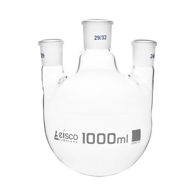 Flask Distilling round bottom, cap. 1000ml, borosilicate glass, three neck parallel, centre socket 29/32, side socket 24/29 - eiscoindustrial