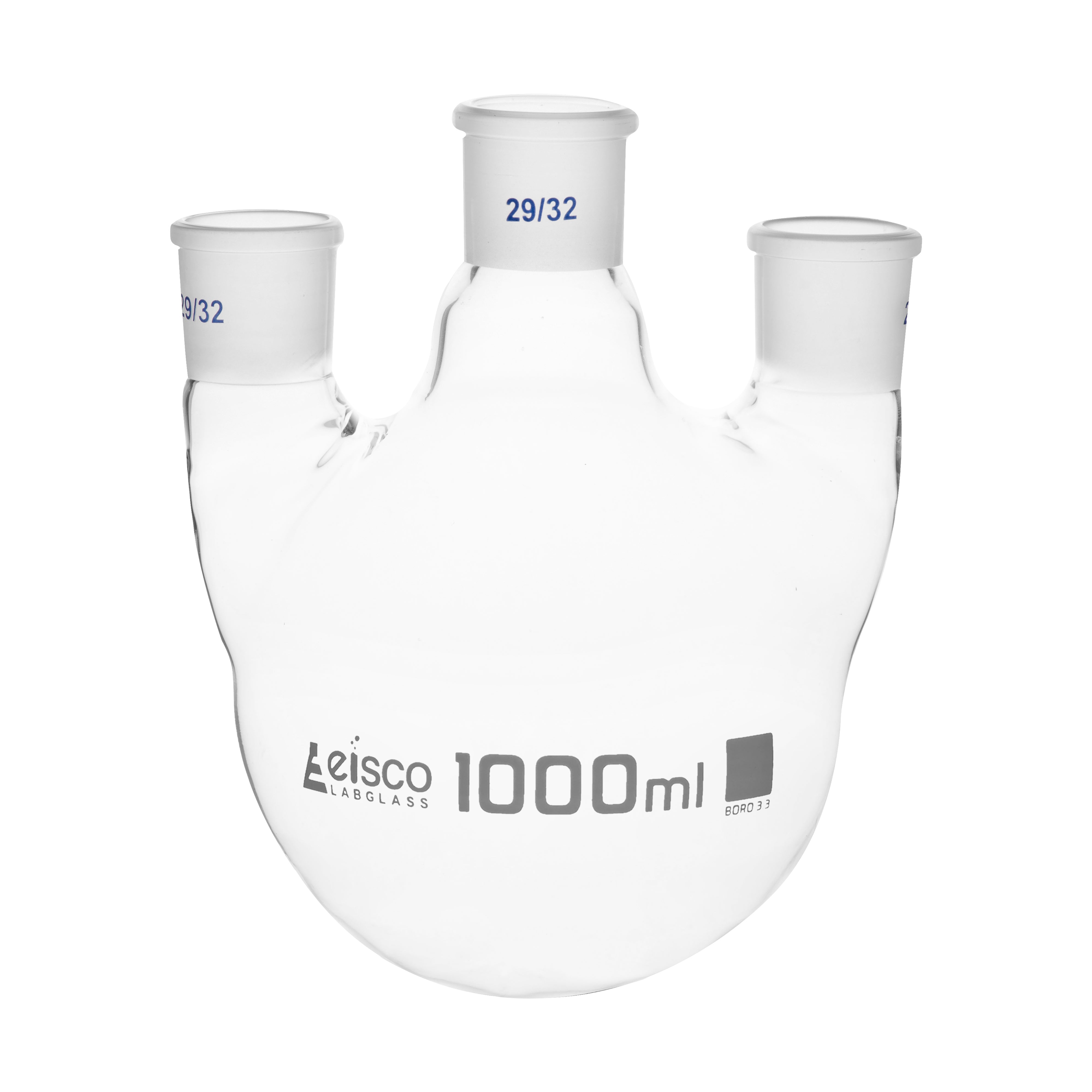 Flask Distilling round bottom, cap. 1000ml, borosilicate glass, three neck parallel, centre socket 29/32, side socket 29/32 - eiscoindustrial