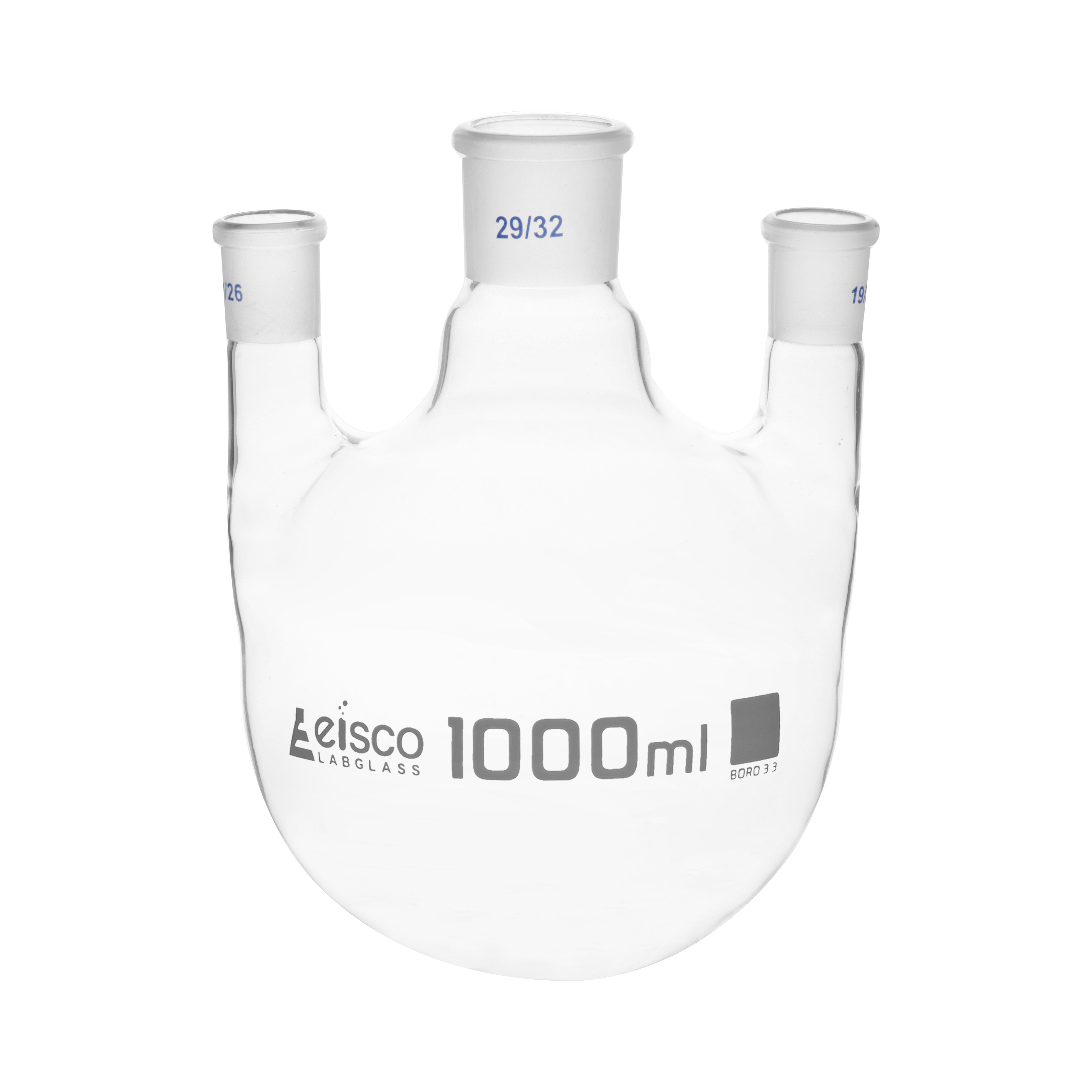 Flask Distilling round bottom, cap. 1000ml, borosilicate glass, three neck parallel, centre socket 29/32, side socket 19/26 - eiscoindustrial