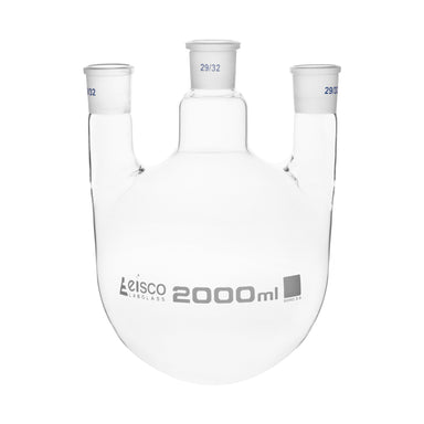 Flask Distilling round bottom, cap. 2000ml, borosilicate glass, three neck parallel, centre socket 29/32, side socket 29/32 - eiscoindustrial