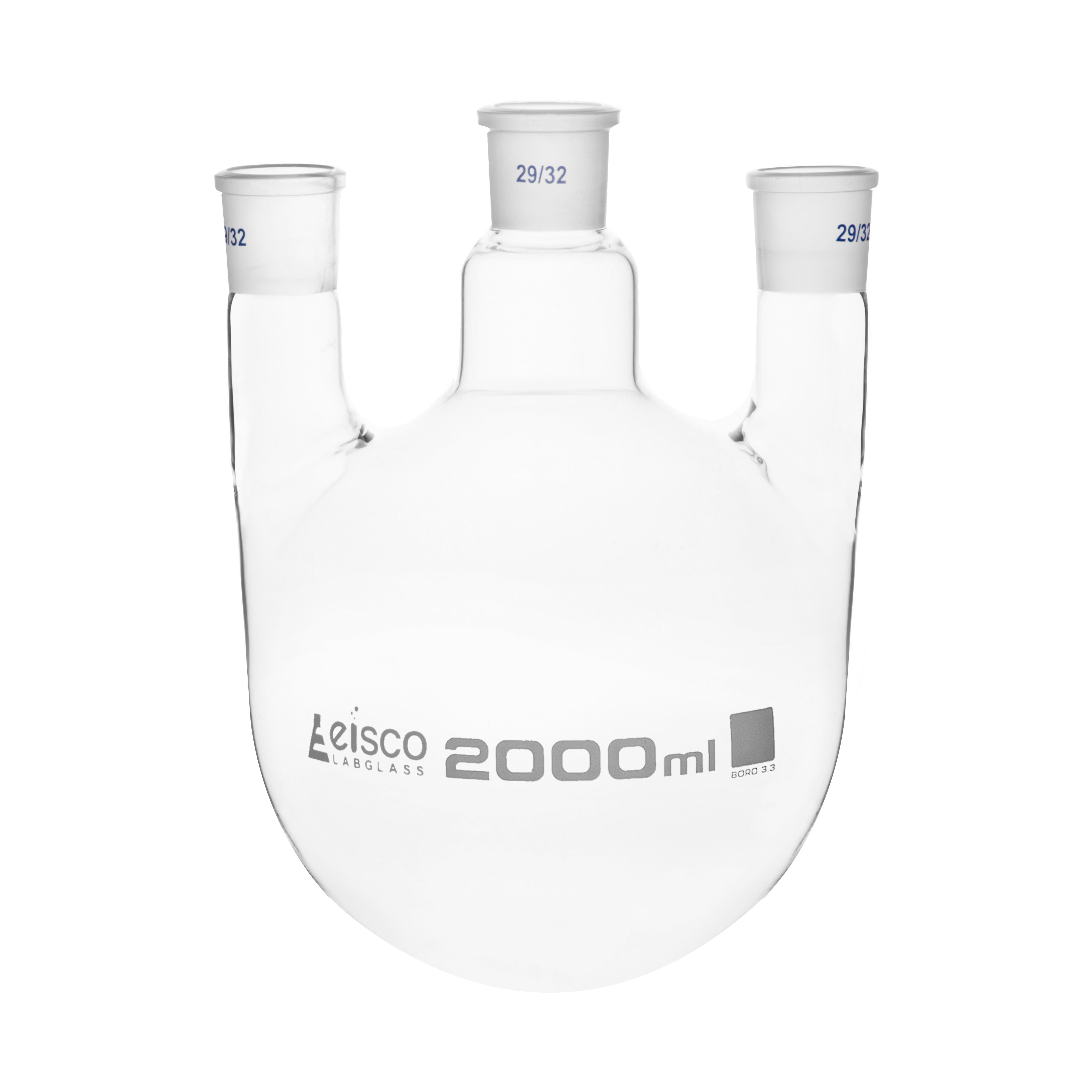 Flask Distilling round bottom, cap. 2000ml, borosilicate glass, three neck parallel, centre socket 29/32, side socket 29/32 - eiscoindustrial