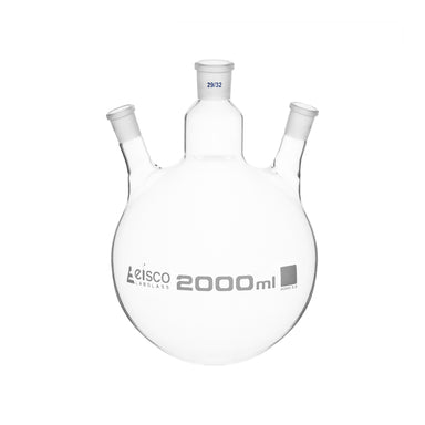 Flask Distilling round bottom, cap. 2000ml, borosilicate glass, three neck parallel, centre socket 29/32, side socket 19/26 - eiscoindustrial