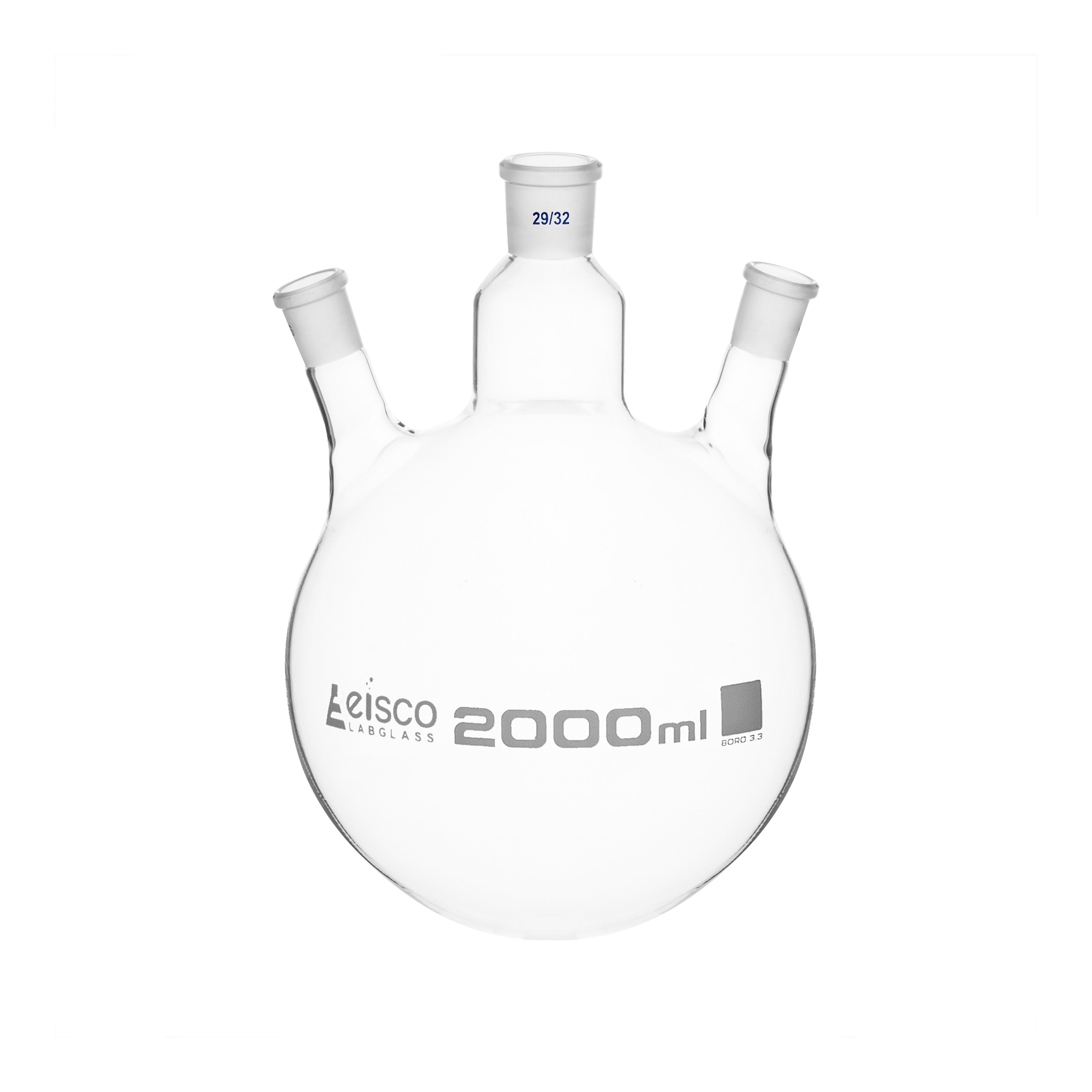 Flask Distilling round bottom, cap. 2000ml, borosilicate glass, three neck parallel, centre socket 29/32, side socket 19/26 - eiscoindustrial