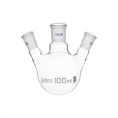 Flask Distilling round bottom, cap. 100ml, borosilicate glass, three neck at angle, centre socket 19/26, side socket 14/23 - eiscoindustrial