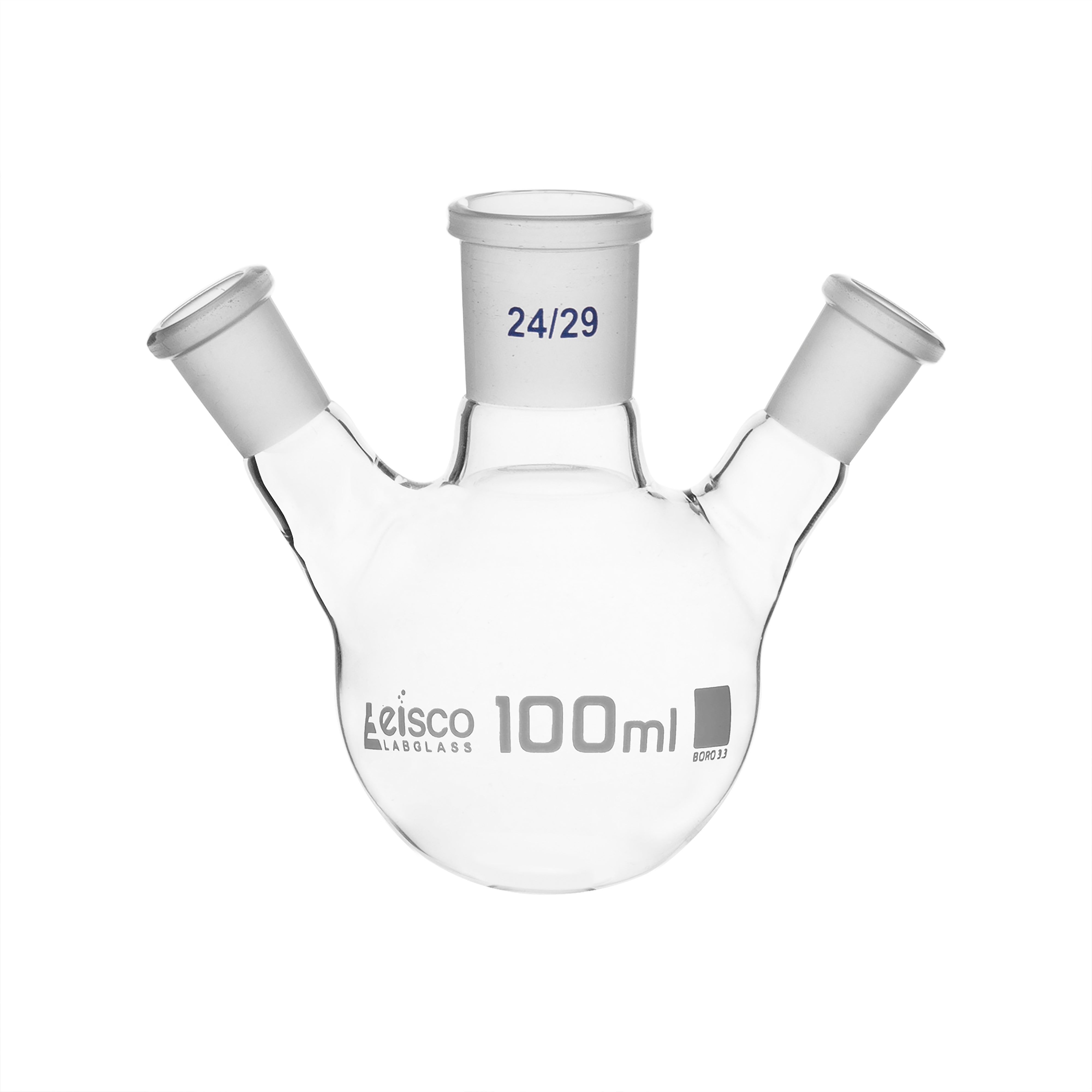 Flask Distilling round bottom, cap. 100ml, borosilicate glass, three neck at angle, centre socket 24/29, side socket 19/26 - eiscoindustrial