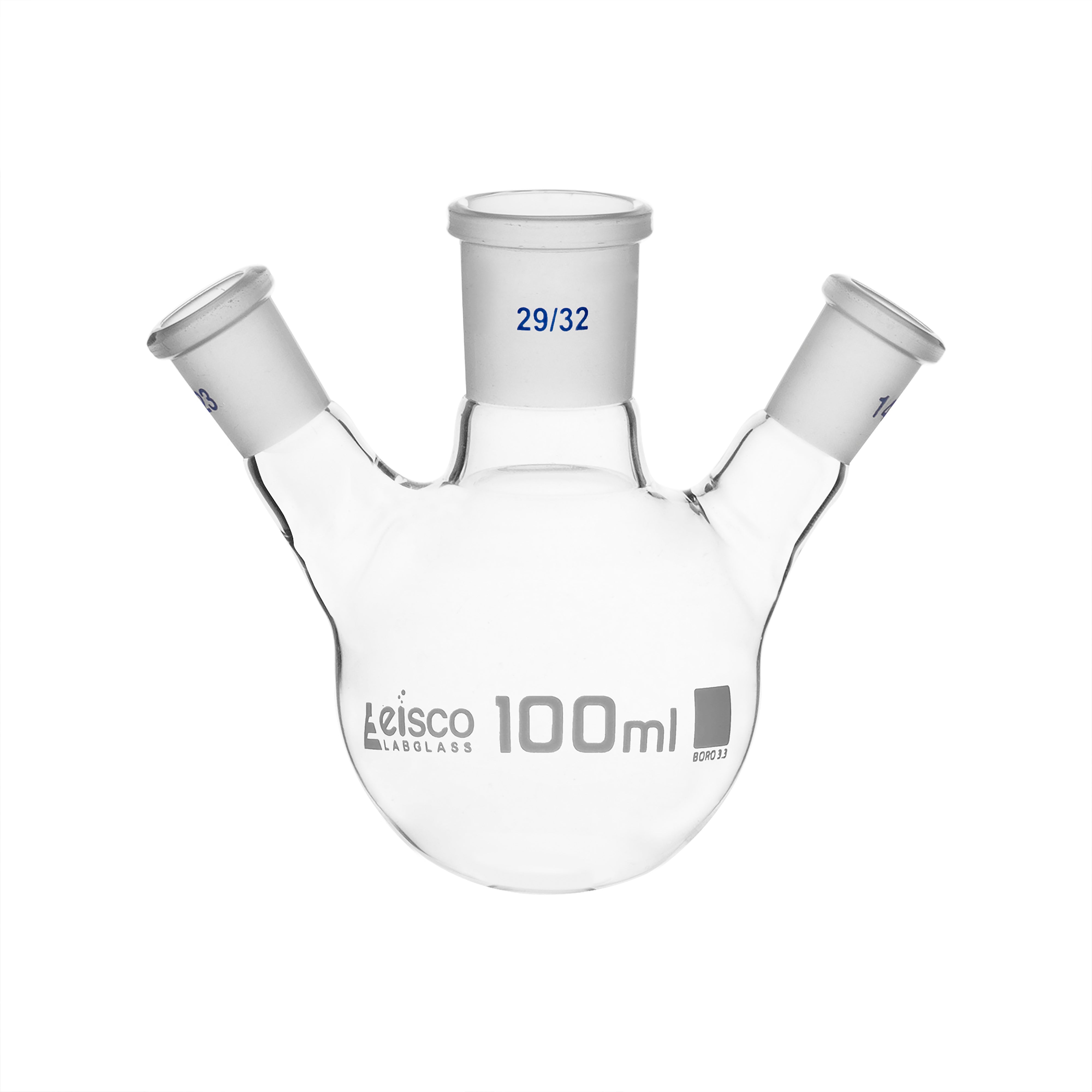 Flask Distilling round bottom, cap. 100ml, borosilicate glass, three neck at angle, centre socket 29/32, side socket 14/23 - eiscoindustrial