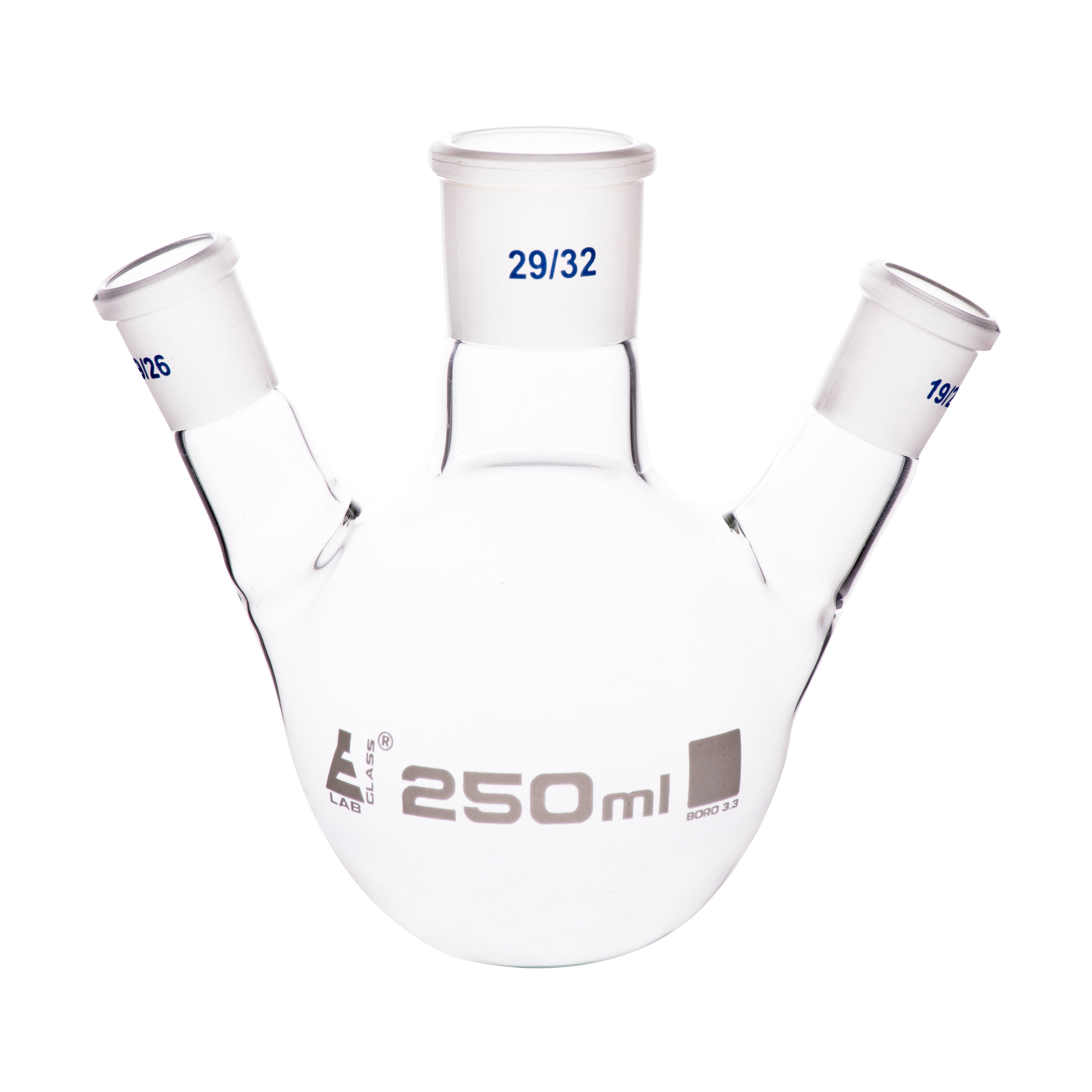 Flask Distilling round bottom, cap. 250ml, borosilicate glass, three neck at angle, centre socket 29/32, side socket 19/26 - eiscoindustrial