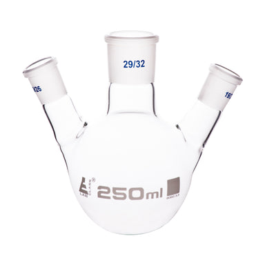 Flask Distilling round bottom, cap. 250ml, borosilicate glass, three neck at angle, centre socket 29/32, side socket 19/26 - eiscoindustrial