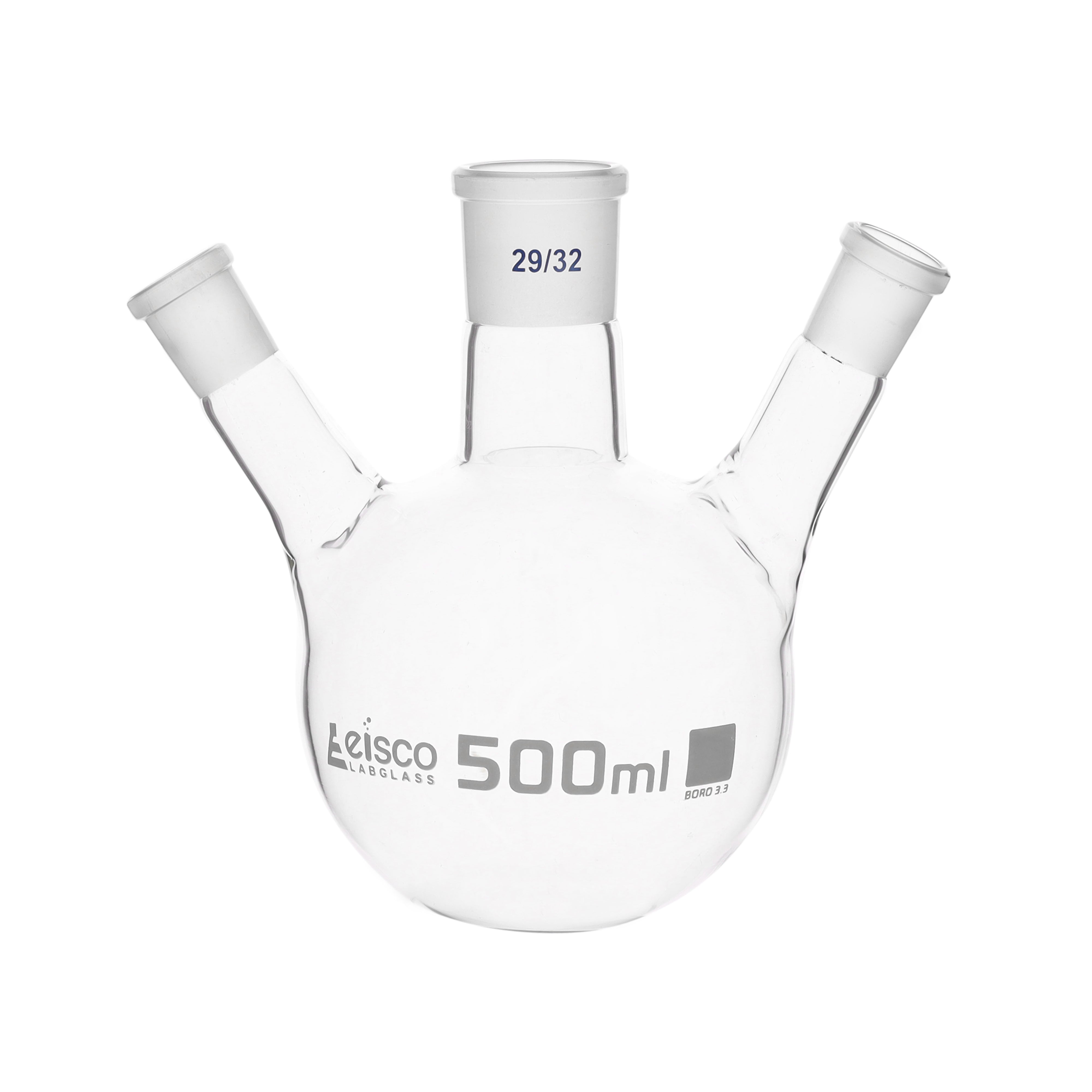 Flask Distilling round bottom, cap. 500ml, borosilicate glass, three neck at angle, centre socket 29/32, side socket 14/23 - eiscoindustrial