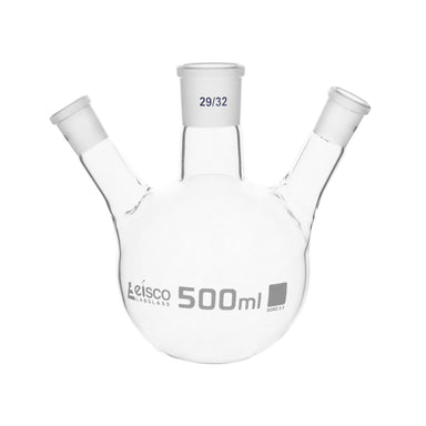 Flask Distilling round bottom, cap. 500ml, borosilicate glass, three neck at angle, centre socket 29/32, side socket 19/26 - eiscoindustrial