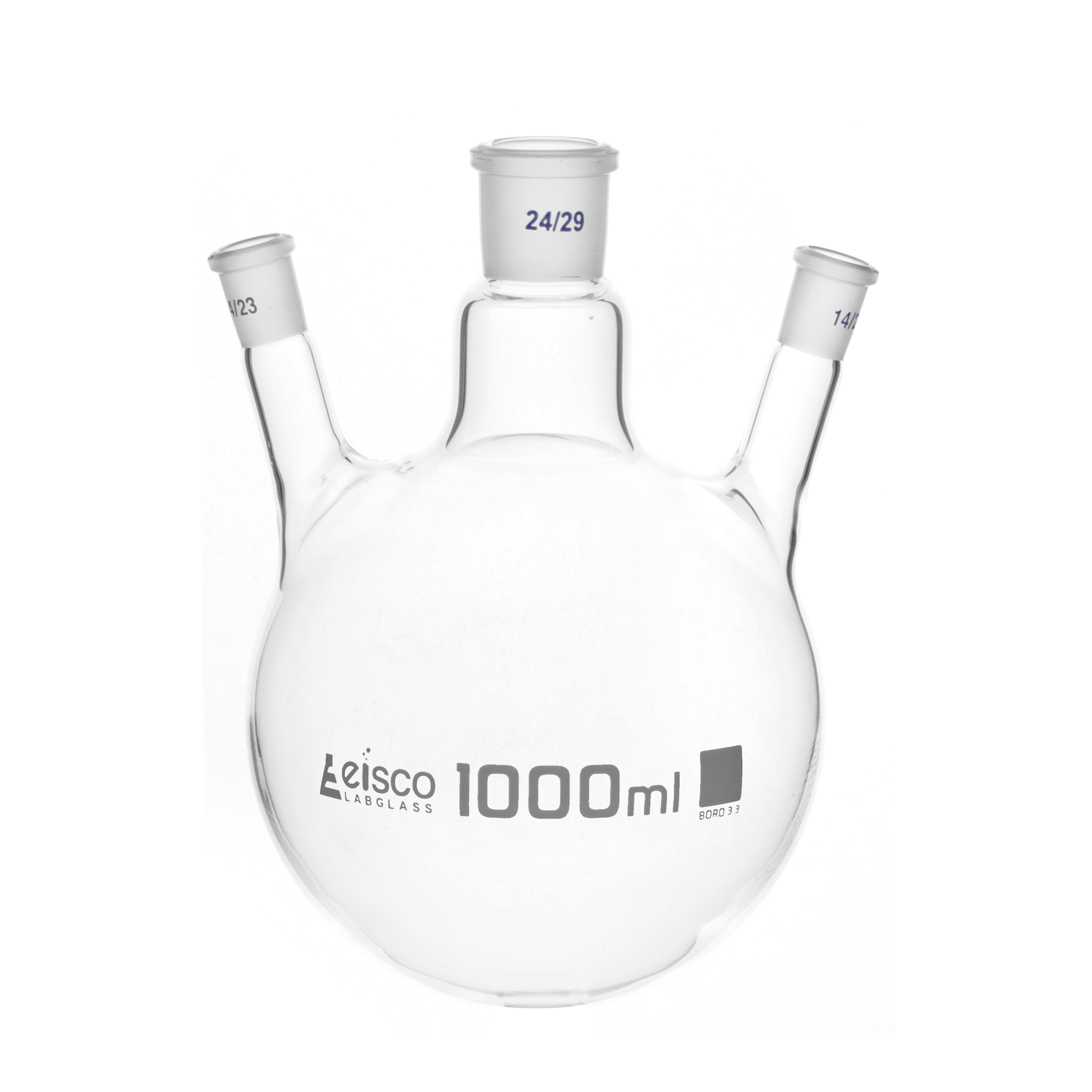 Flask Distilling round bottom, cap. 1000ml, borosilicate glass, three neck at angle, centre socket 24/29, side socket 14/23 - eiscoindustrial