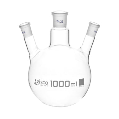 Flask Distilling round bottom, cap. 1000ml, borosilicate glass, three neck at angle, centre socket 24/29, side socket 19/26 - eiscoindustrial