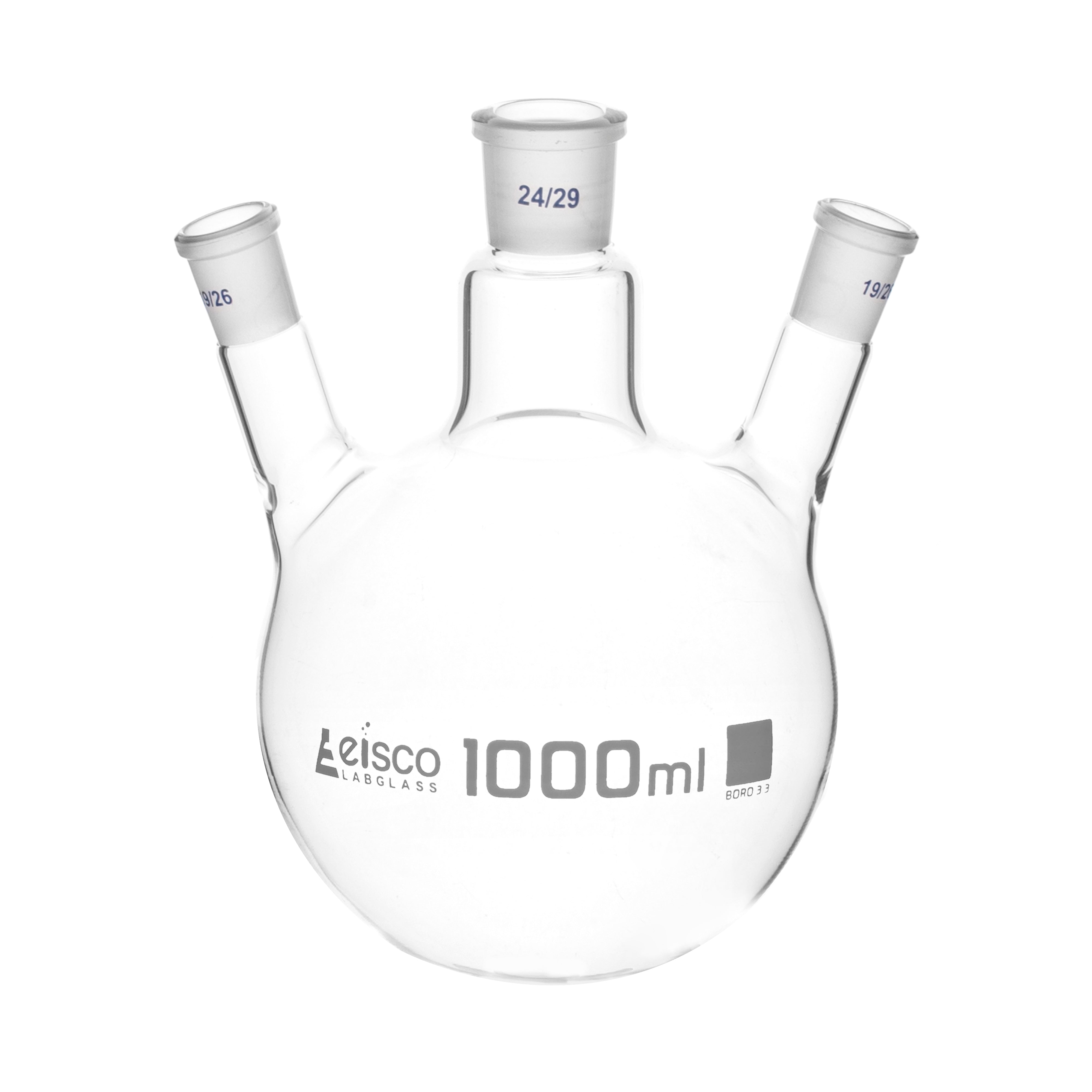 Flask Distilling round bottom, cap. 1000ml, borosilicate glass, three neck at angle, centre socket 24/29, side socket 19/26 - eiscoindustrial