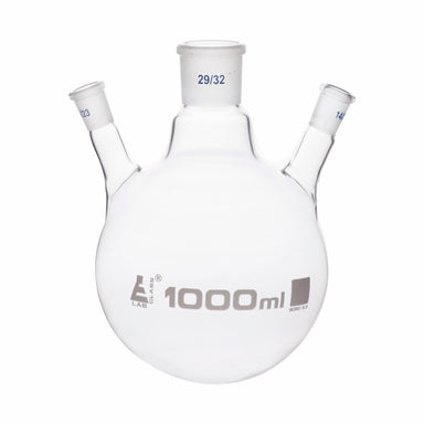 Flask Distilling round bottom, cap. 1000ml, borosilicate glass, three neck at angle, centre socket 29/32, side socket 14/23 - eiscoindustrial