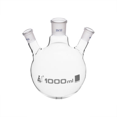 Flask Distilling round bottom, cap. 1000ml, borosilicate glass, three neck at angle, centre socket 29/32, side socket 29/32 - eiscoindustrial