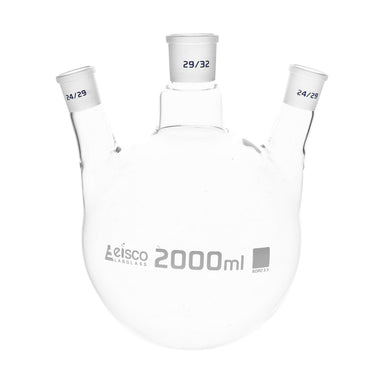 Flask Distilling round bottom, cap. 2000ml, borosilicate glass, three neck at angle, centre socket 29/32, side socket 29/32 - eiscoindustrial