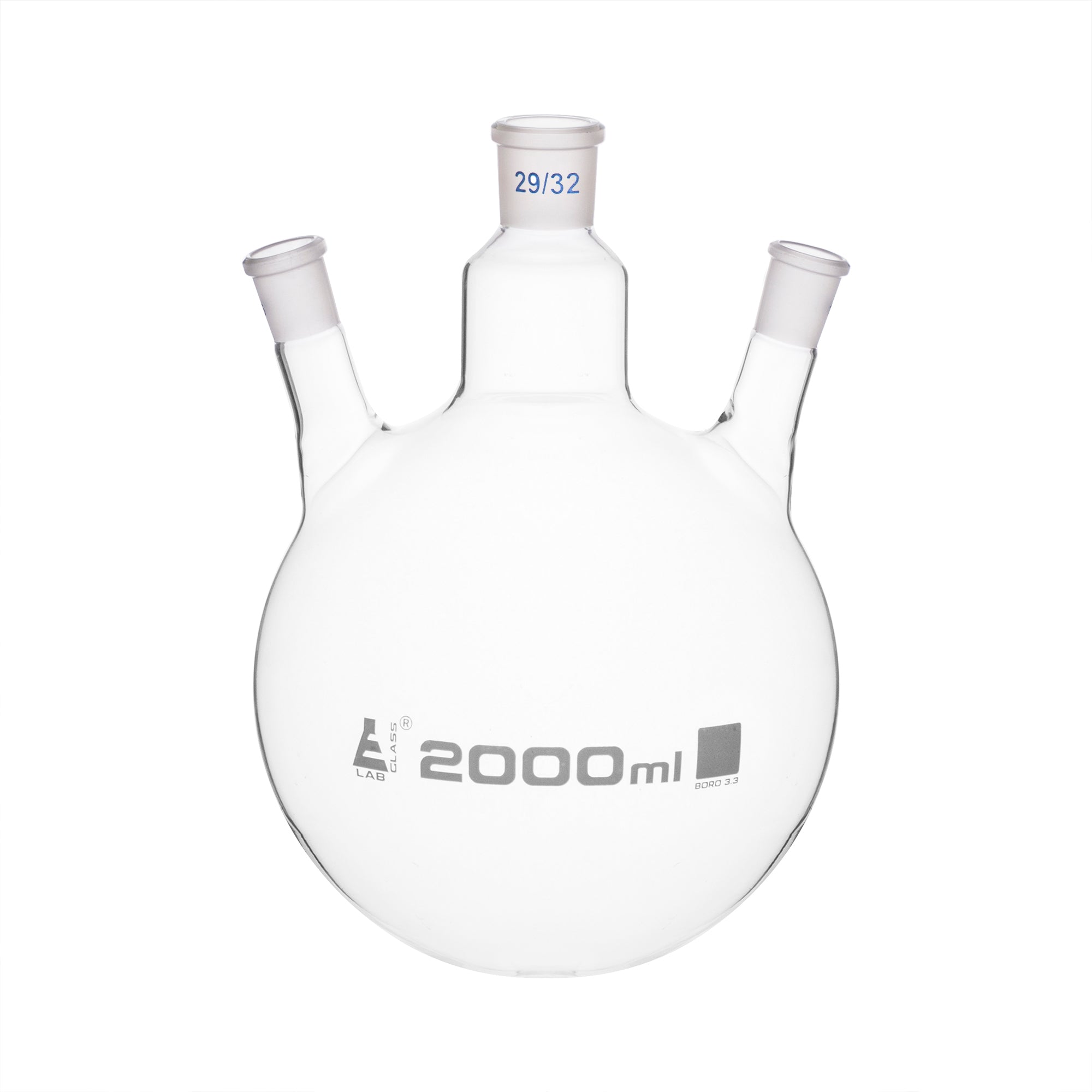 Flask Distilling round bottom, cap. 2000ml, borosilicate glass, three neck at angle, centre socket 29/32, side socket 24/29 - eiscoindustrial