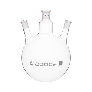 Flask Distilling round bottom, cap. 2000ml, borosilicate glass, three neck at angle, centre socket 29/32, side socket 24/29 - eiscoindustrial