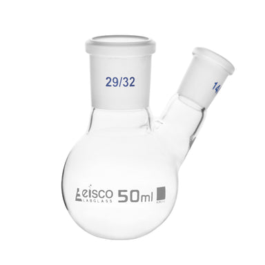 Flask with round bottom, cap. 50ml, borosilicate glass, one oblique neck with joint, centre socket 29/32, side socket 14/23 - eiscoindustrial