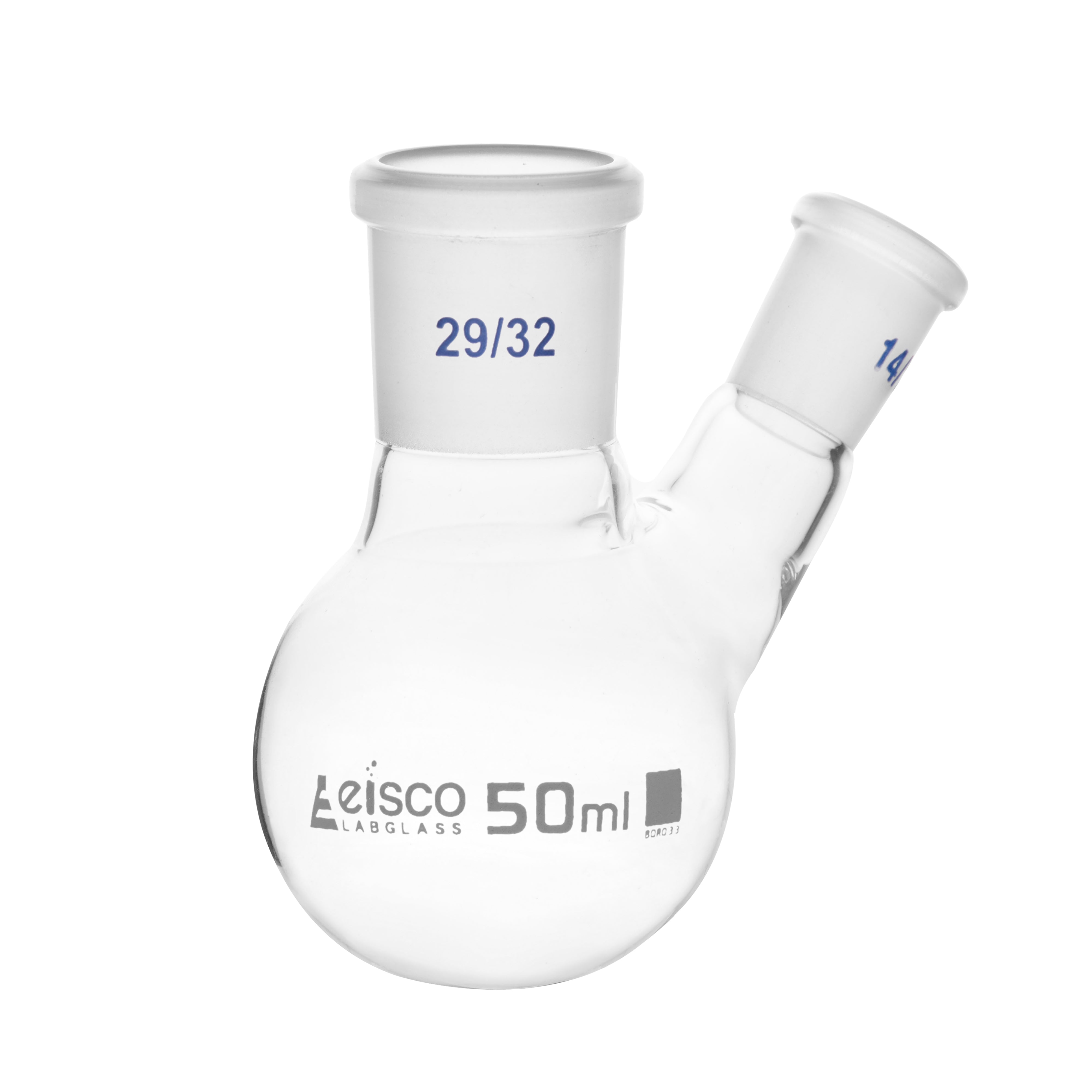 Flask with round bottom, cap. 50ml, borosilicate glass, one oblique neck with joint, centre socket 29/32, side socket 14/23 - eiscoindustrial