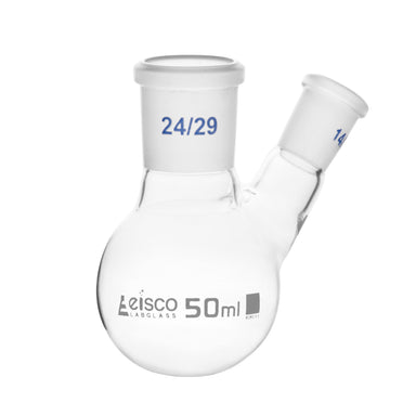 Flask with round bottom, cap. 50ml, borosilicate glass, one oblique neck with joint, centre socket 24/29, side socket 14/23 - eiscoindustrial