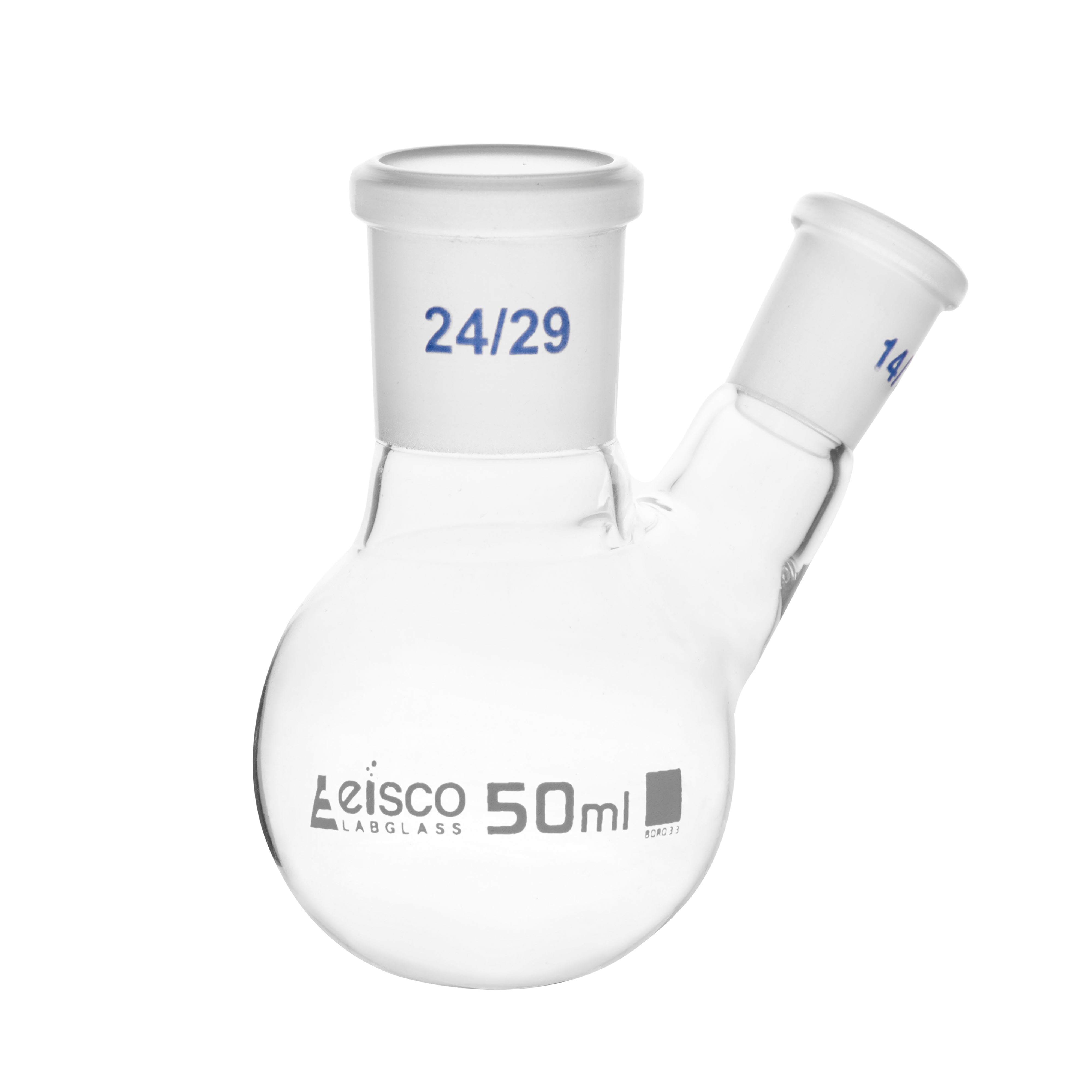 Flask with round bottom, cap. 50ml, borosilicate glass, one oblique neck with joint, centre socket 24/29, side socket 14/23 - eiscoindustrial