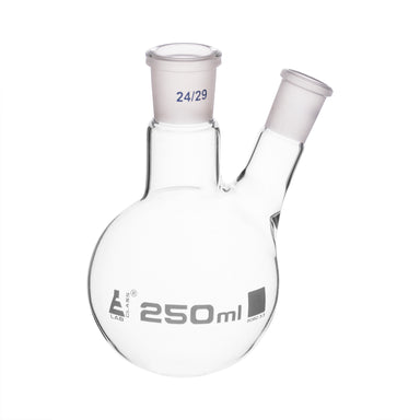 Flask with round bottom, cap. 250ml, borosilicate glass, one oblique neck with joint, centre socket 24/29, side socket 19/26 - eiscoindustrial