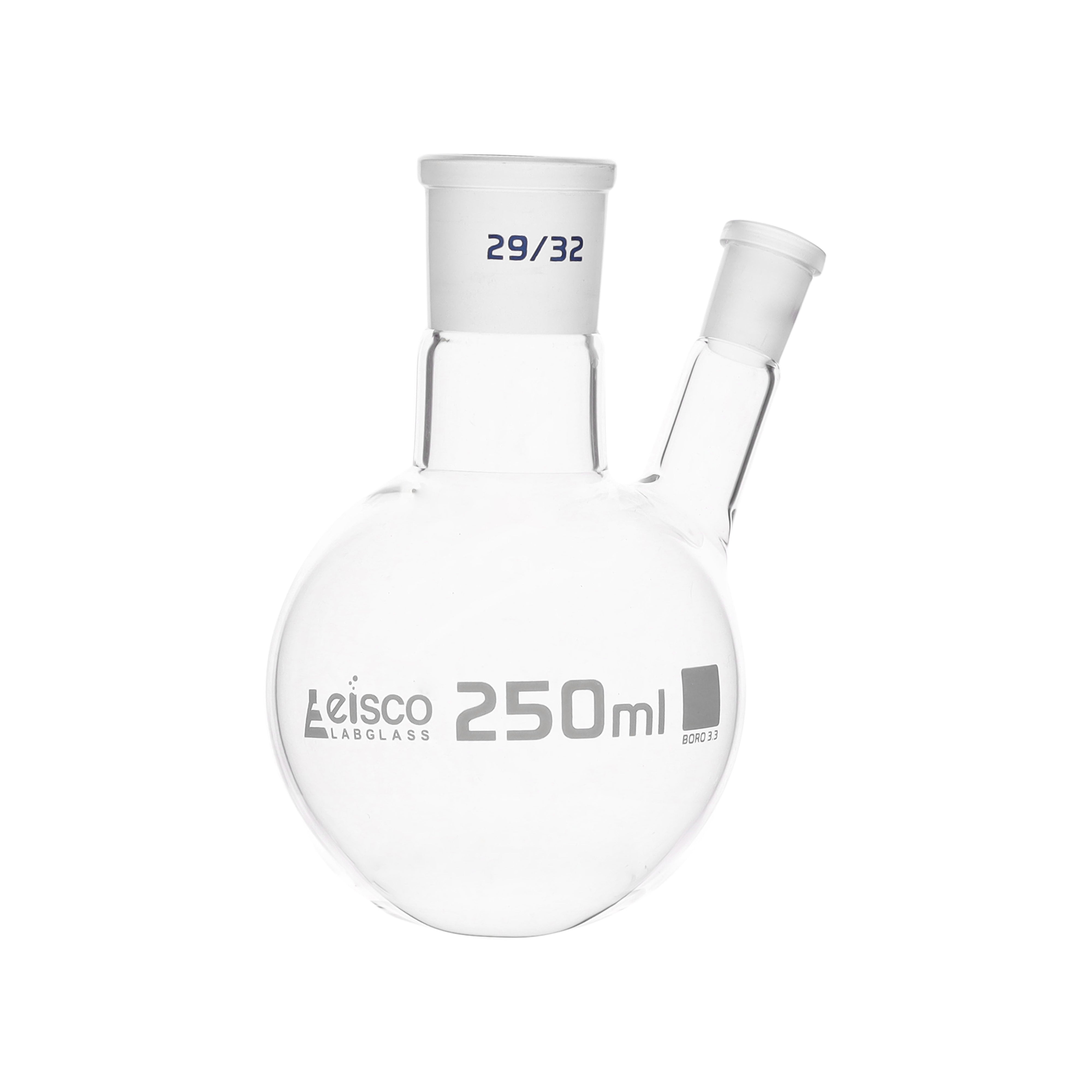 Flask with round bottom, cap. 250ml, borosilicate glass, one oblique neck with joint, centre socket 29/32, side socket 14/23 - eiscoindustrial