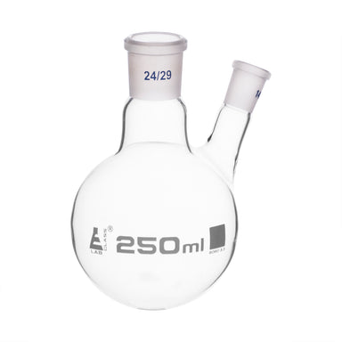 Flask with round bottom, cap. 250ml, borosilicate glass, one oblique neck with joint, centre socket 24/29, side socket 14/23 - eiscoindustrial