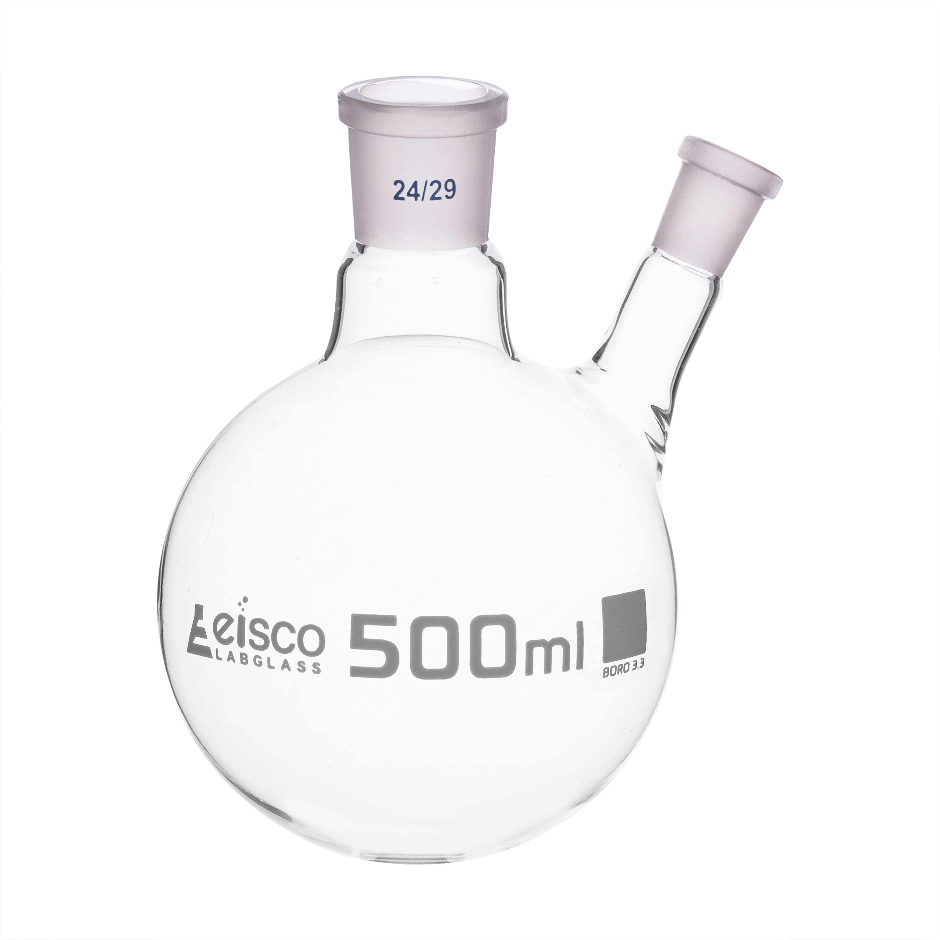 Flask with round bottom, cap. 500ml, borosilicate glass, one oblique neck with joint, centre socket 24/29, side socket 14/23 - eiscoindustrial